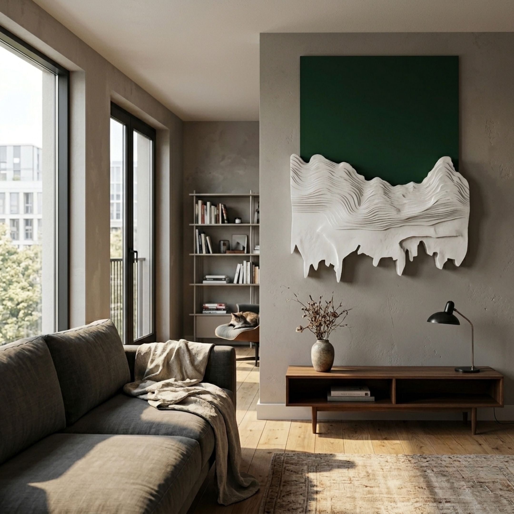Riftline Peakcut Green Wood Carving 3D Wall Art by Giant Sculptures, green panel with white layered ridges, mounted above a wood console in a living room.