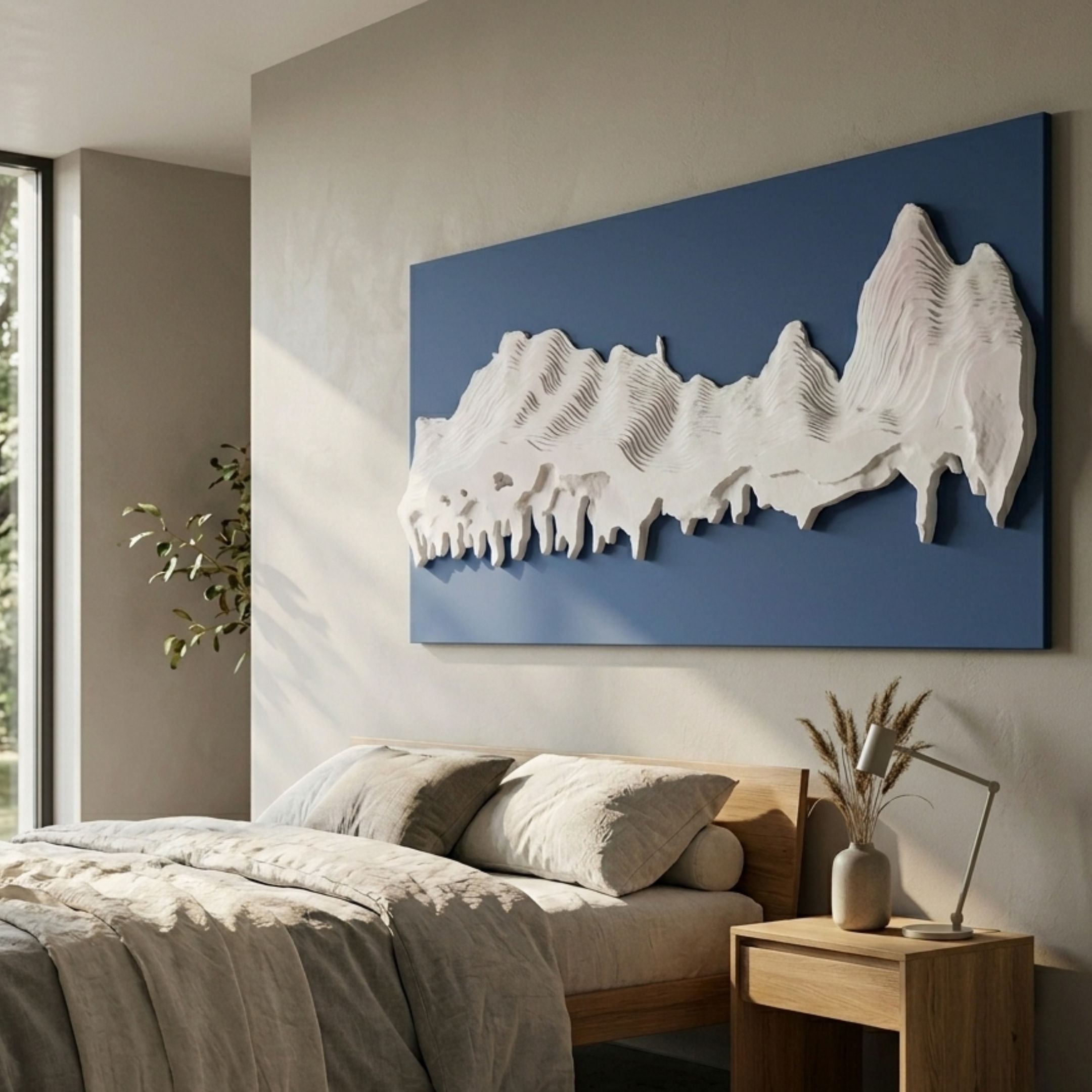 Riftline Panorama Blue Wood Carving 3D Wall Art mounted above a wooden bed with linen bedding, showing white carved glacial form on deep blue panel.