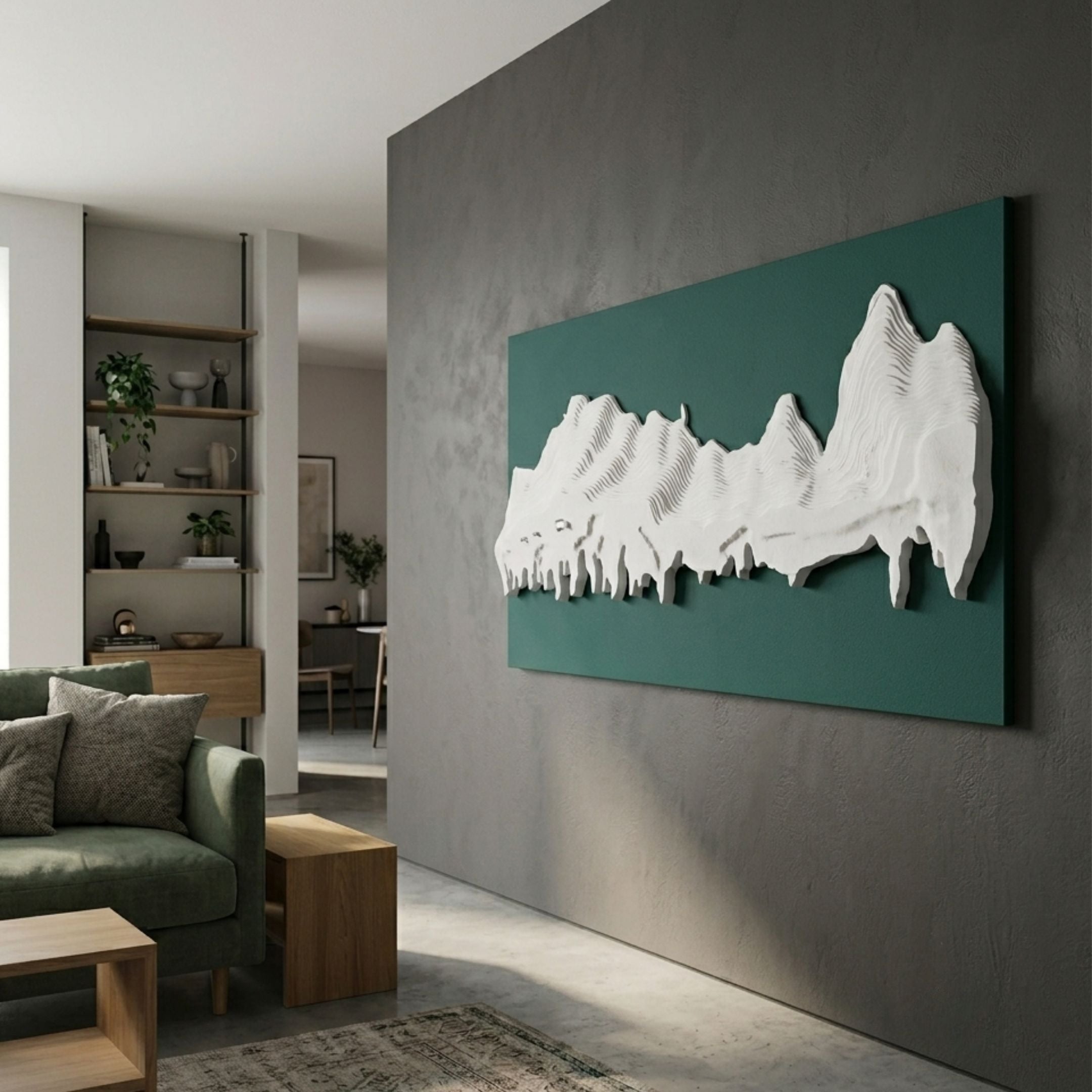 Riftline Panorama Green Wood Carving 3D Wall Art by Giant Sculptures mounted on a grey living room wall above a green sofa and wooden shelving.