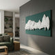 Riftline Panorama Green Wood Carving 3D Wall Art by Giant Sculptures mounted on a grey living room wall above a green sofa and wooden shelving.