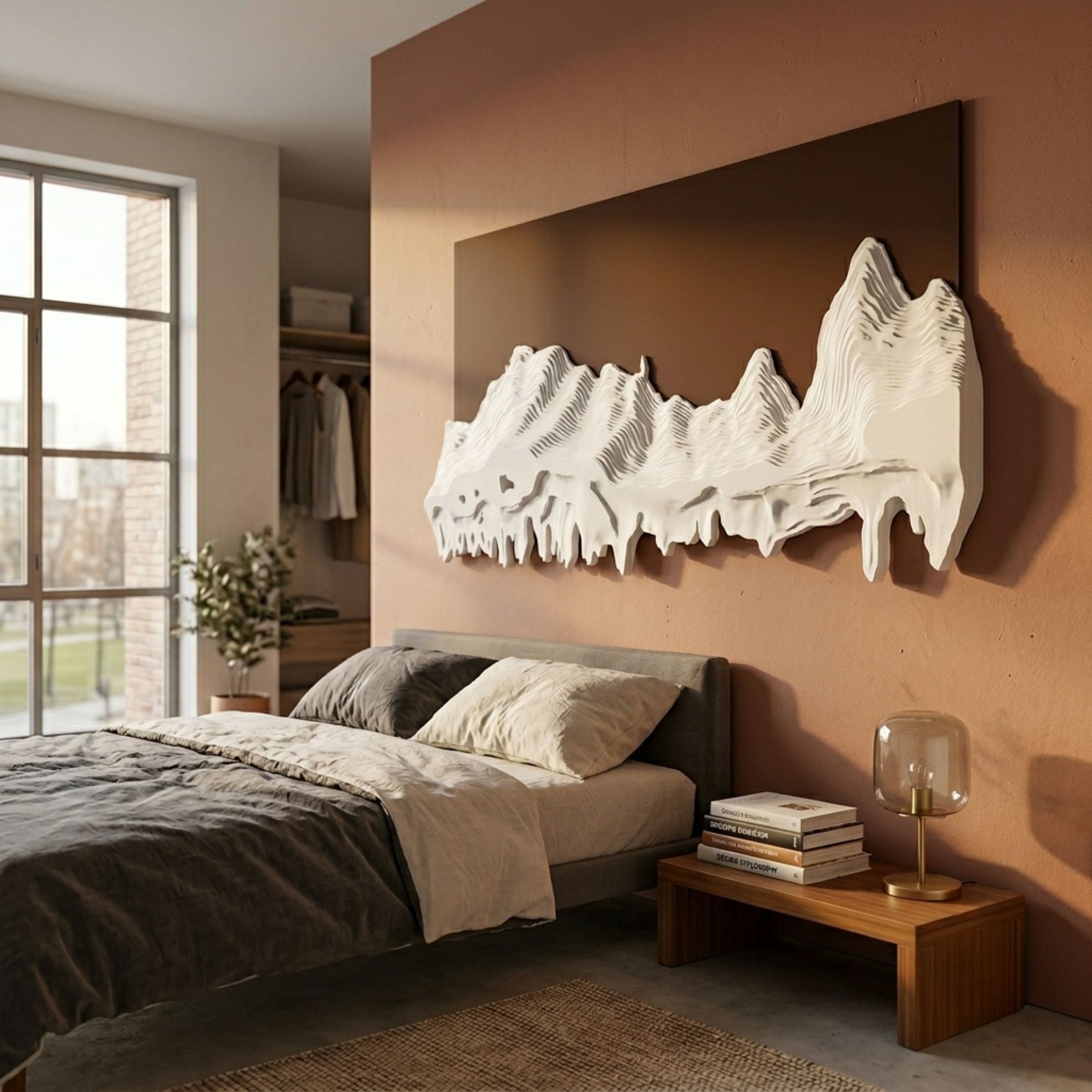Riftline Ridgecut Brown Wood Carving 3D Wall Art by Giant Sculptures, white layered ridge relief on brown panel, mounted above a bed in a warm-toned bedroom.