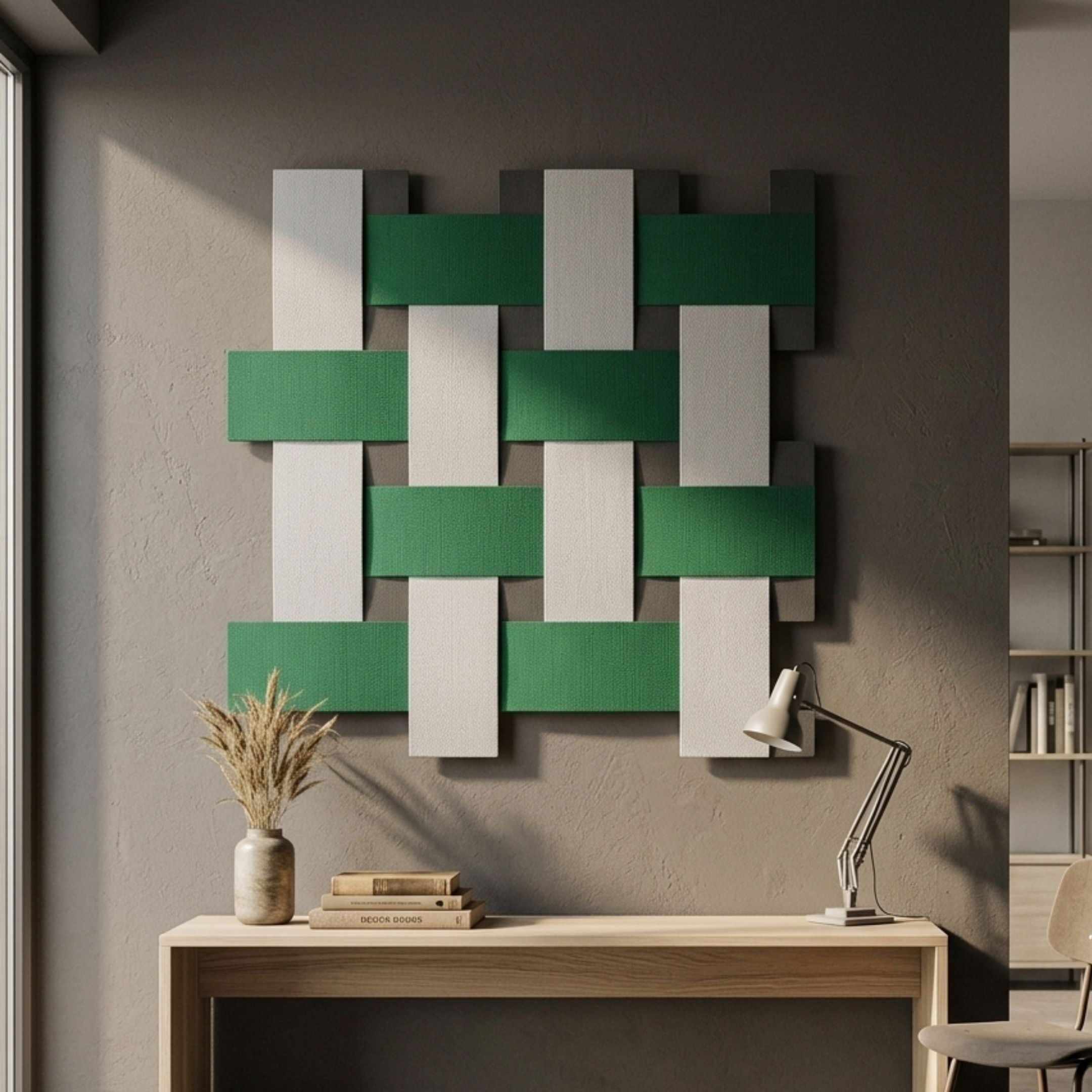 Tressel Interlock Green Oil Painting 3D Wall Art by Giant Sculptures, woven green and white bars mounted above a wooden console with lamp and vase.