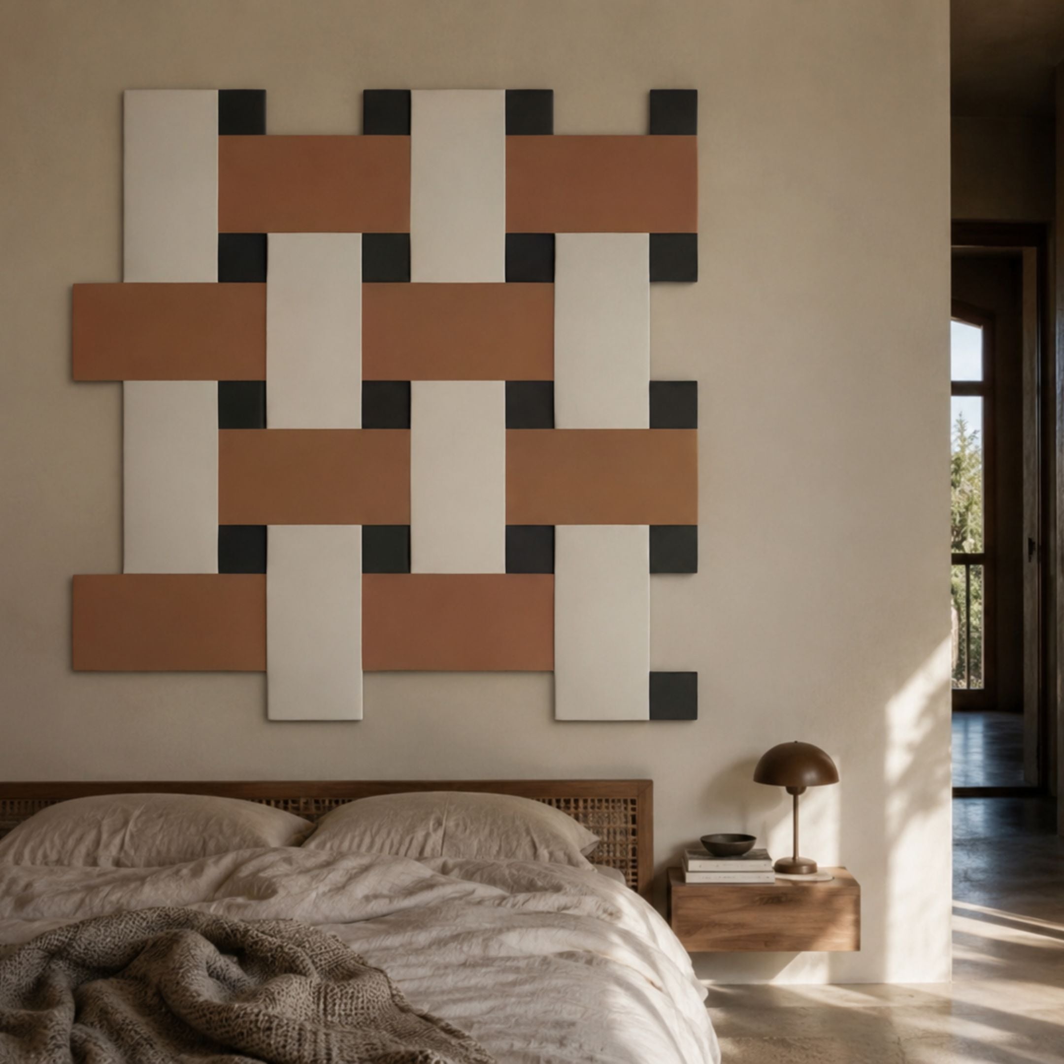 Tressel Interlock Brown Oil Painting 3D Wall Art by Giant Sculptures, displayed above a cane bed with linen bedding and a wooden floating nightstand.