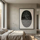 Noctara Orb Dusk Monochrome Carved 3D Wall Art by Giant Sculptures displayed in a minimalist bedroom above a linen-dressed bed, beside a floor lamp and window.