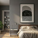 Noctara Arch Frost Monochrome Carved 3D Wall Art by Giant Sculptures displayed above a wooden bed in a grey-walled bedroom with linen bedding and a nightstand.