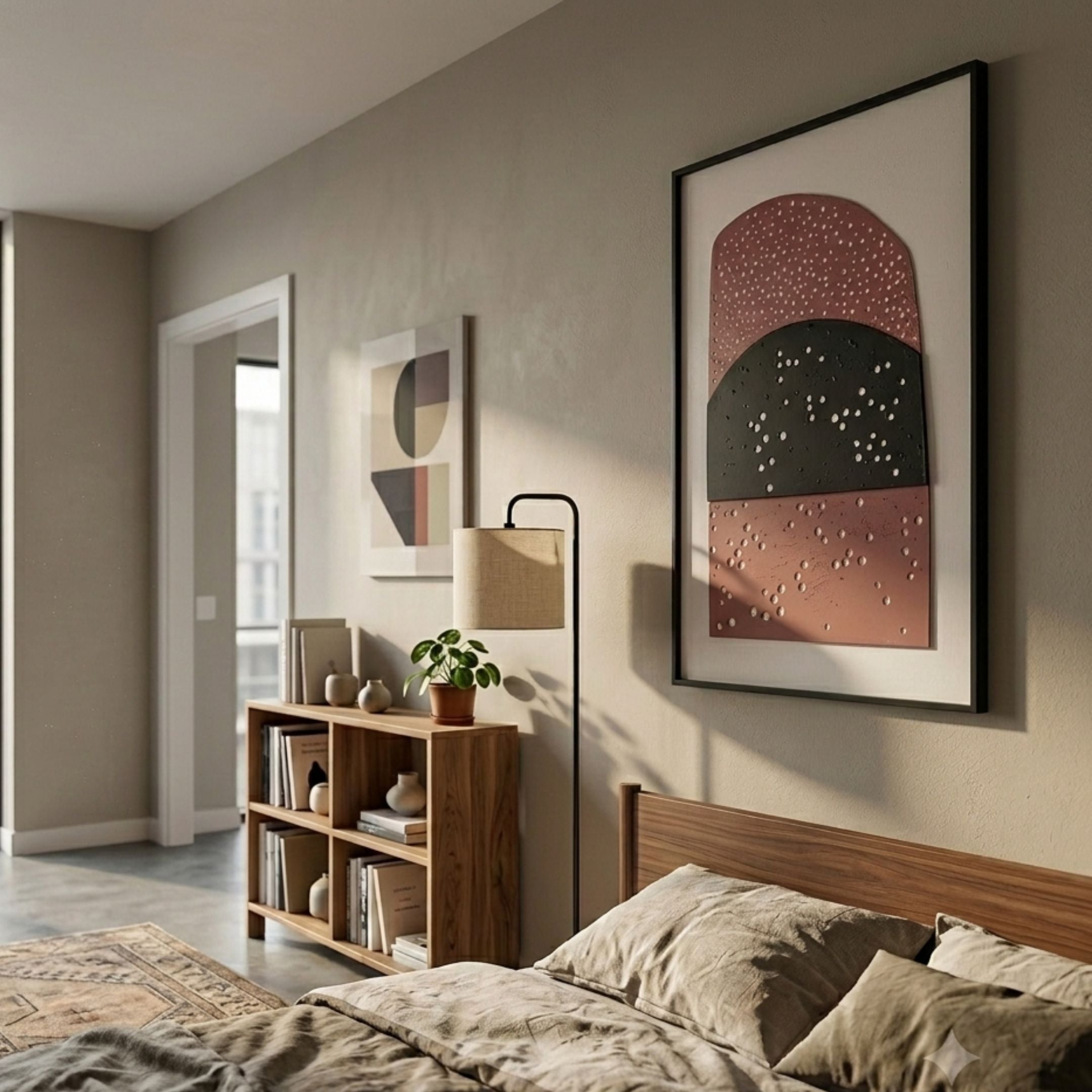Noctara Arch Frost Rose Carved 3D Wall Art by Giant Sculptures displayed above a wooden bookshelf and bed in a warm neutral bedroom with a floor lamp.