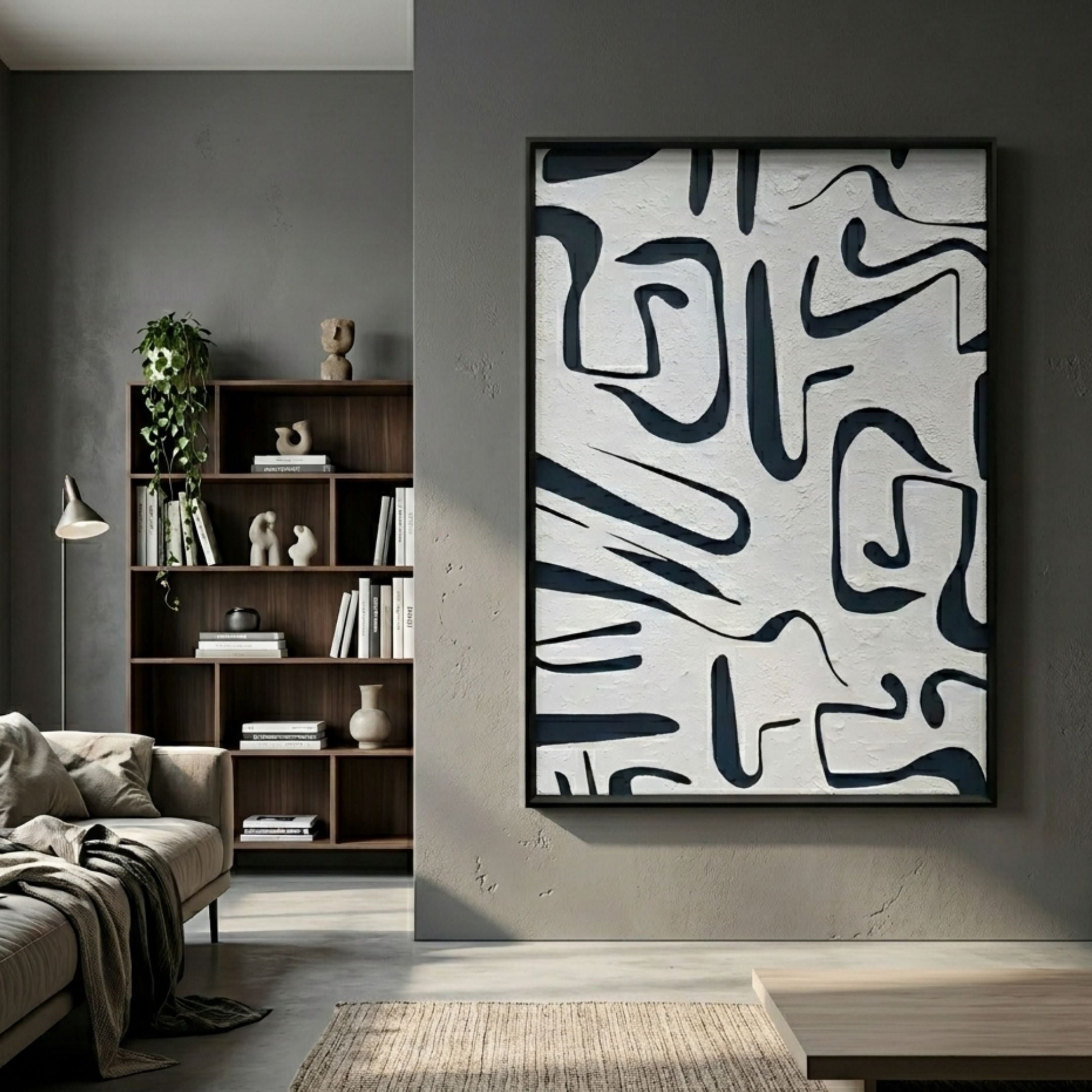 Dunari Midnight Trace III Wood Carving 3D Wall Art by Giant Sculptures, black calligraphic linework on textured white ground, displayed in a grey living room beside a walnut bookshelf.