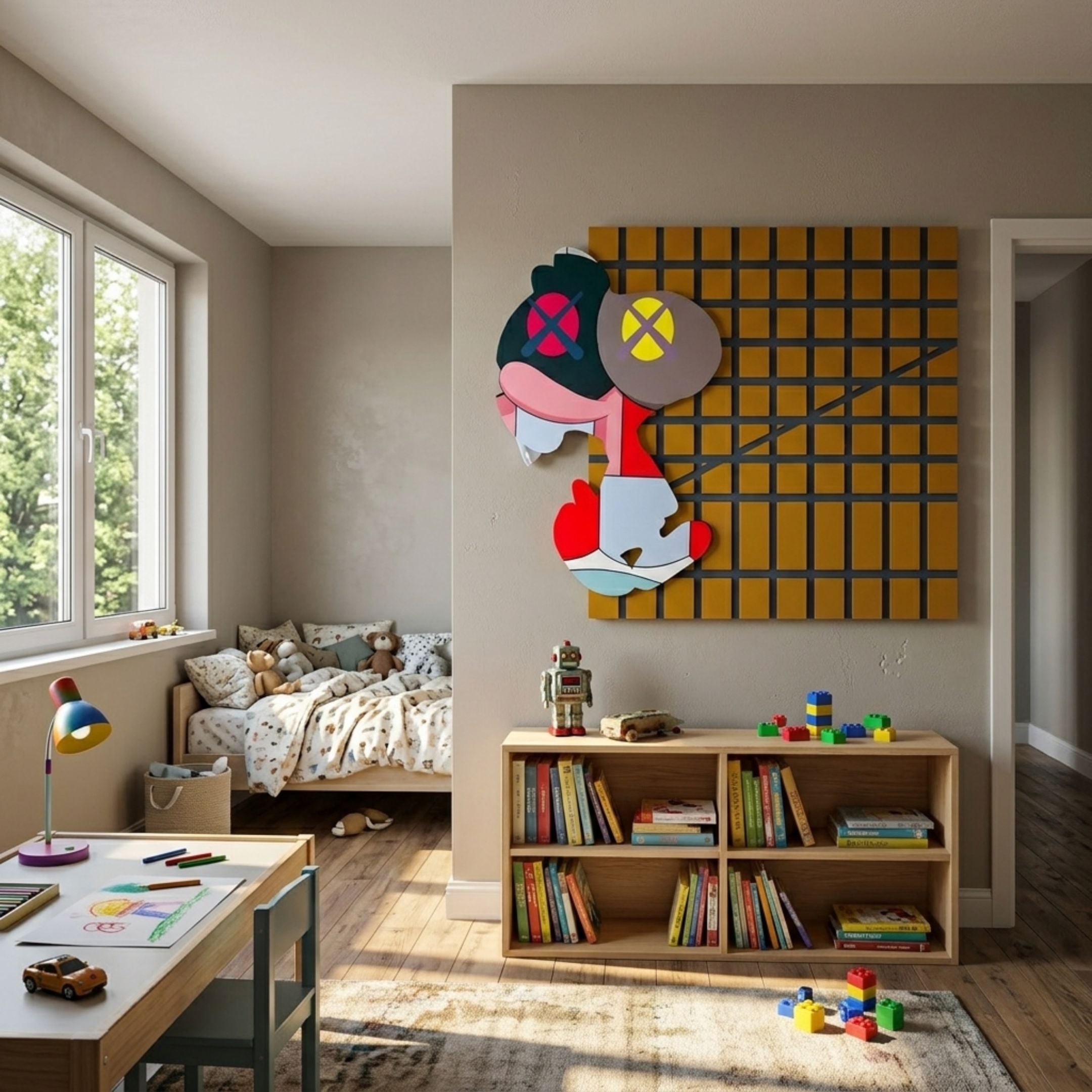 Snoopy Gridz Neon Stroll Amber 3D Wall Art by Giant Sculptures mounted in a kids' room above a bookshelf, beside a bed and play desk with toys.