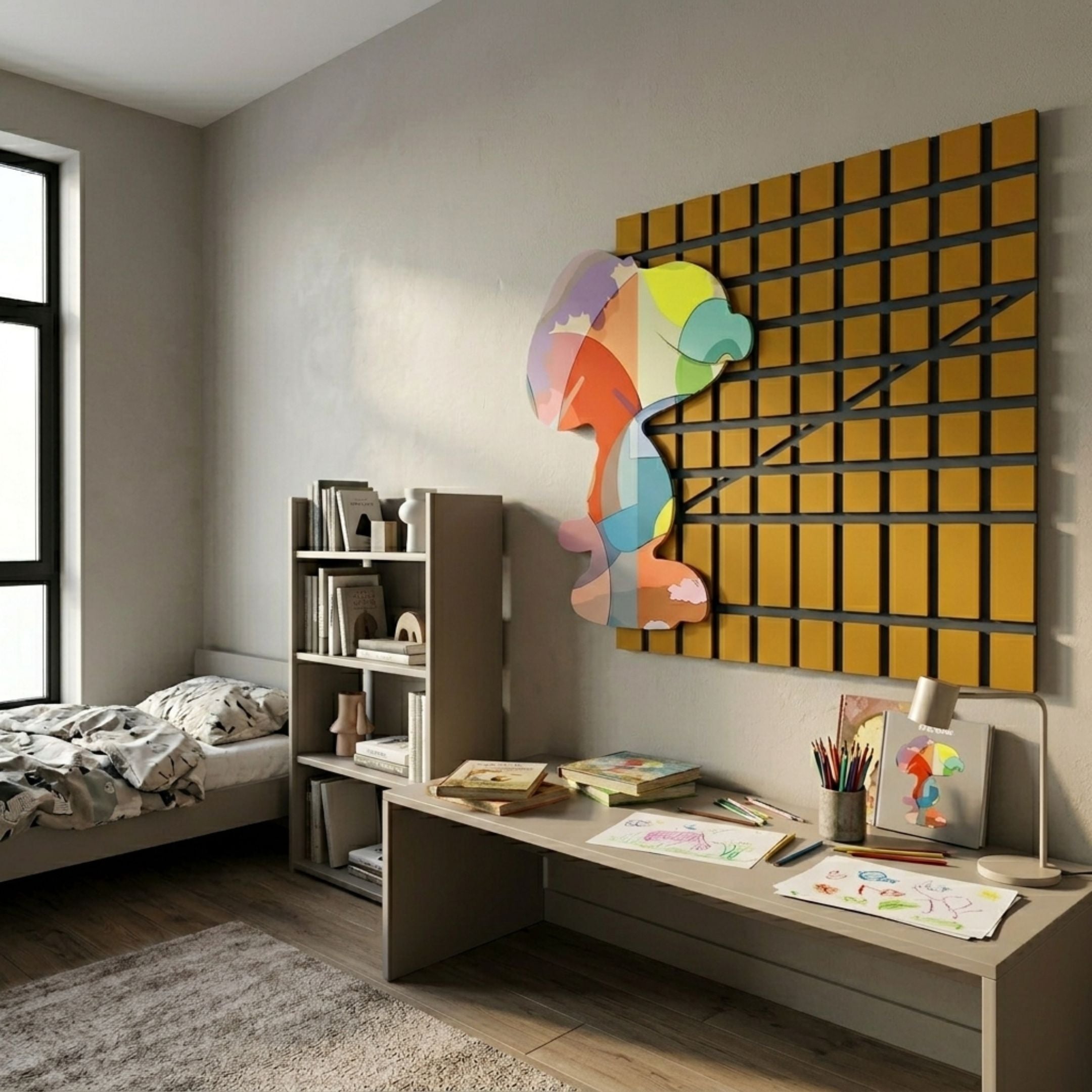 Snoopy Gridz Aurora March Amber 3D Wall Art by Giant Sculptures mounted in a kids' room above a desk and bookshelf, beside a single bed and window.
