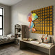 Snoopy Gridz Aurora March Amber 3D Wall Art by Giant Sculptures mounted in a kids' room above a desk and bookshelf, beside a single bed and window.