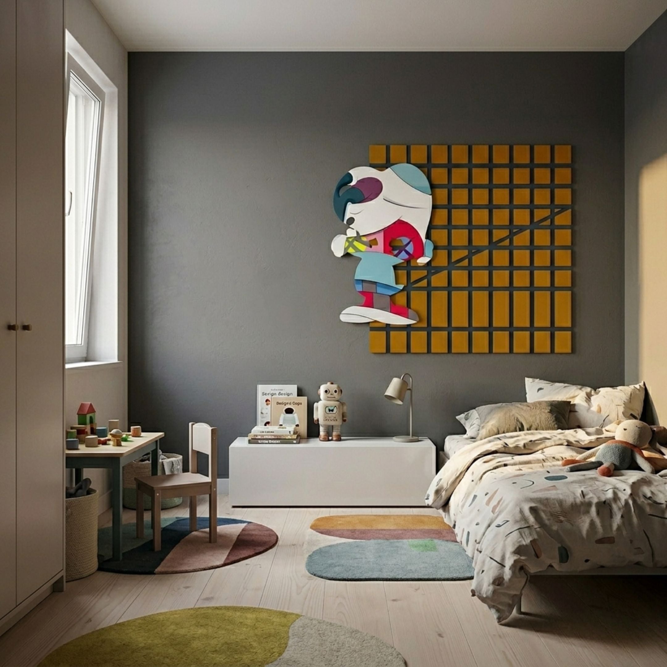 Snoopy Gridz Cyan Walker Amber 3D Wall Art by Giant Sculptures displayed in a grey kids' bedroom above a white console between a bed and play table.