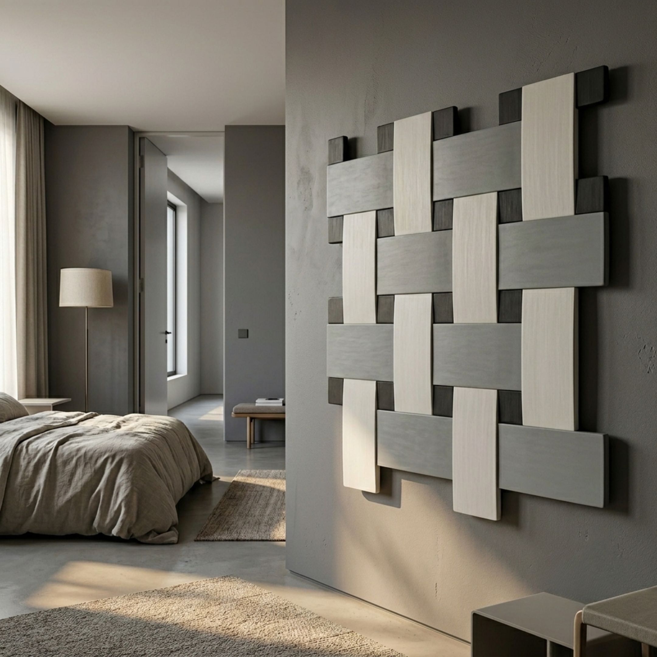 Tressel Interlock Fog Oil Painting 3D Wall Art by Giant Sculptures mounted on a grey wall in a modern bedroom with linen bedding and a floor lamp.