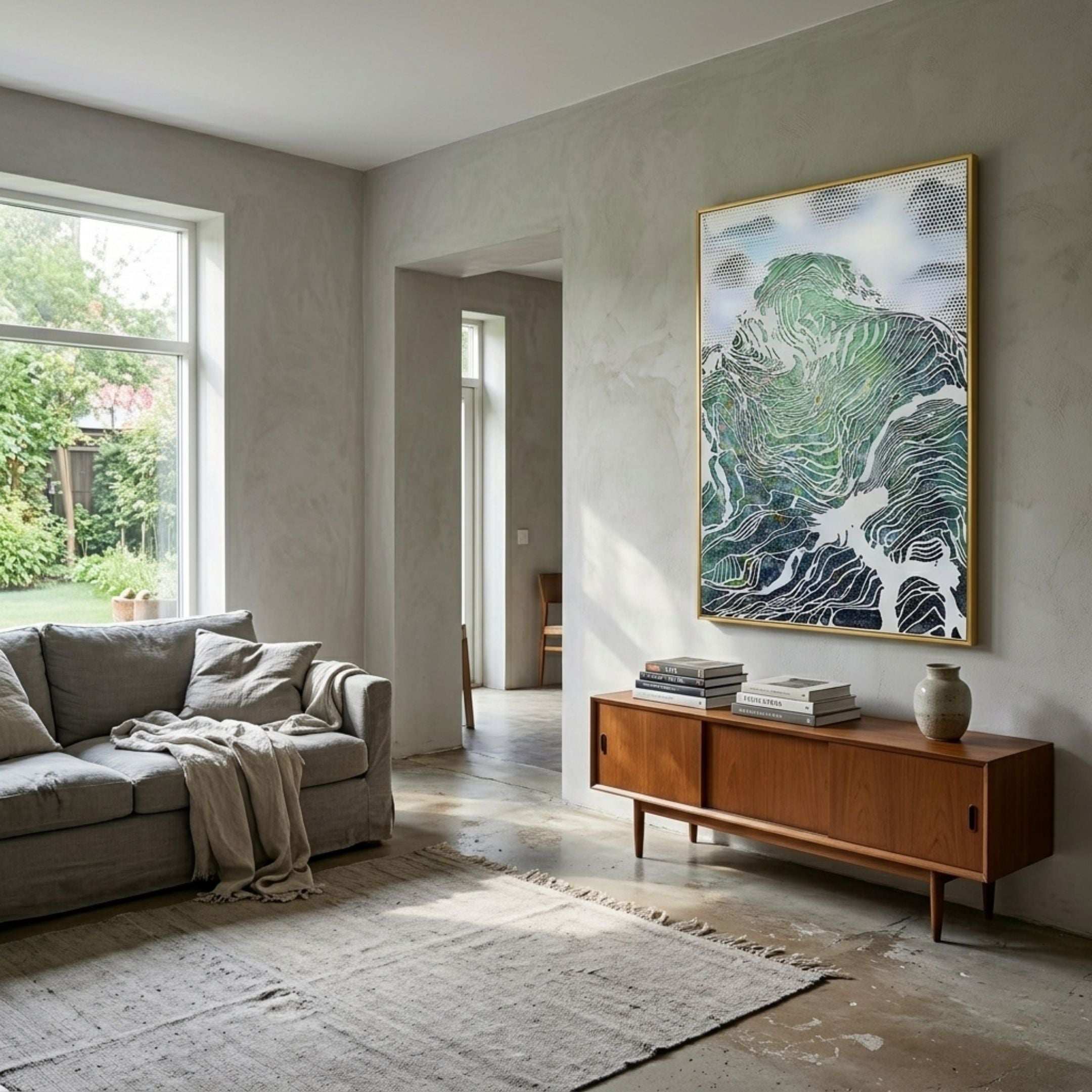 Ravara Crestflow Carved Hand-Painted 3D Wall Art by Giant Sculptures, green, blue and white topographic relief in a gold frame, above a teak sideboard in a living room.