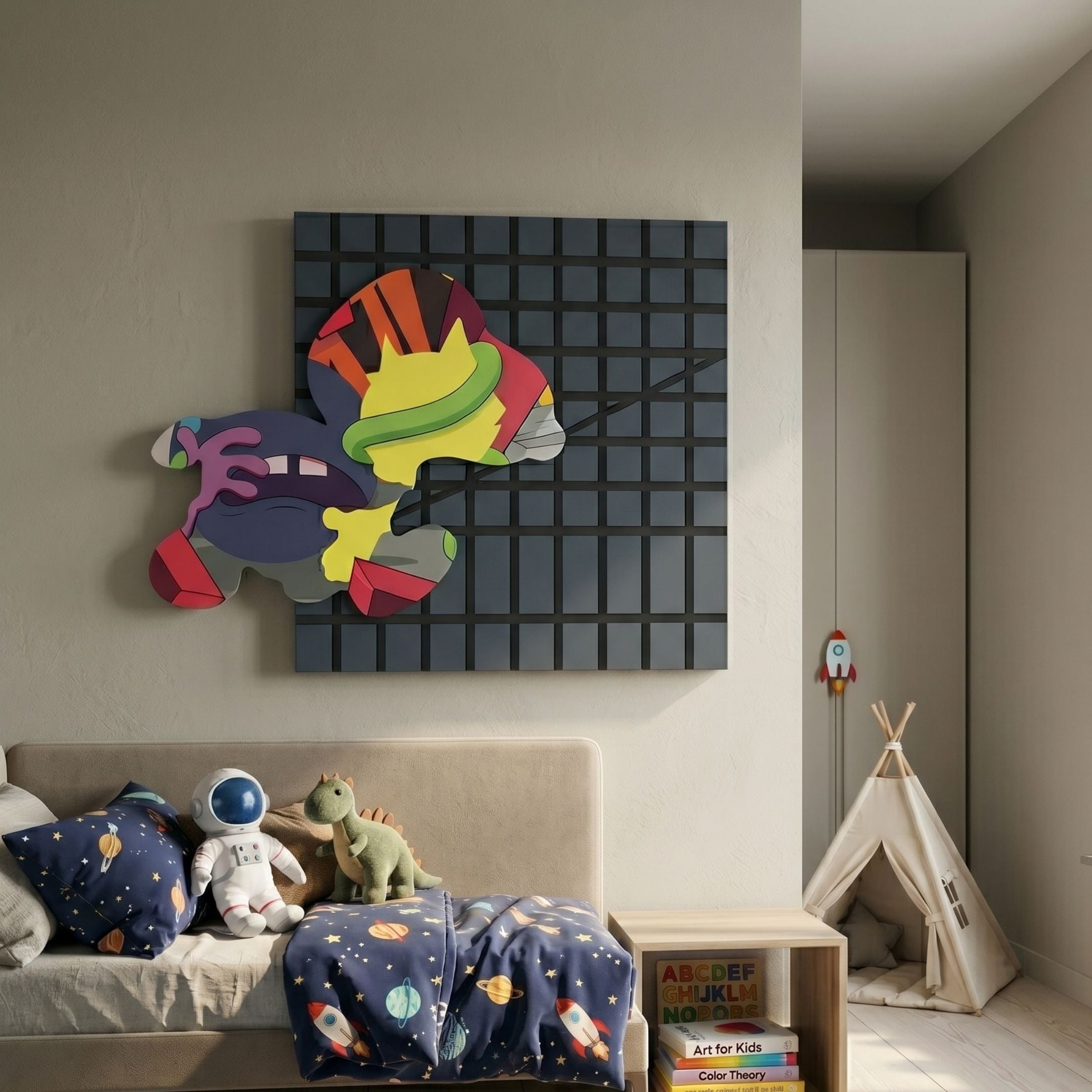 Snoopy Gridz Pulse Runner Night 3D Wall Art by Giant Sculptures mounted in a kids' room above a beige sofa with space-themed cushions and a teepee.