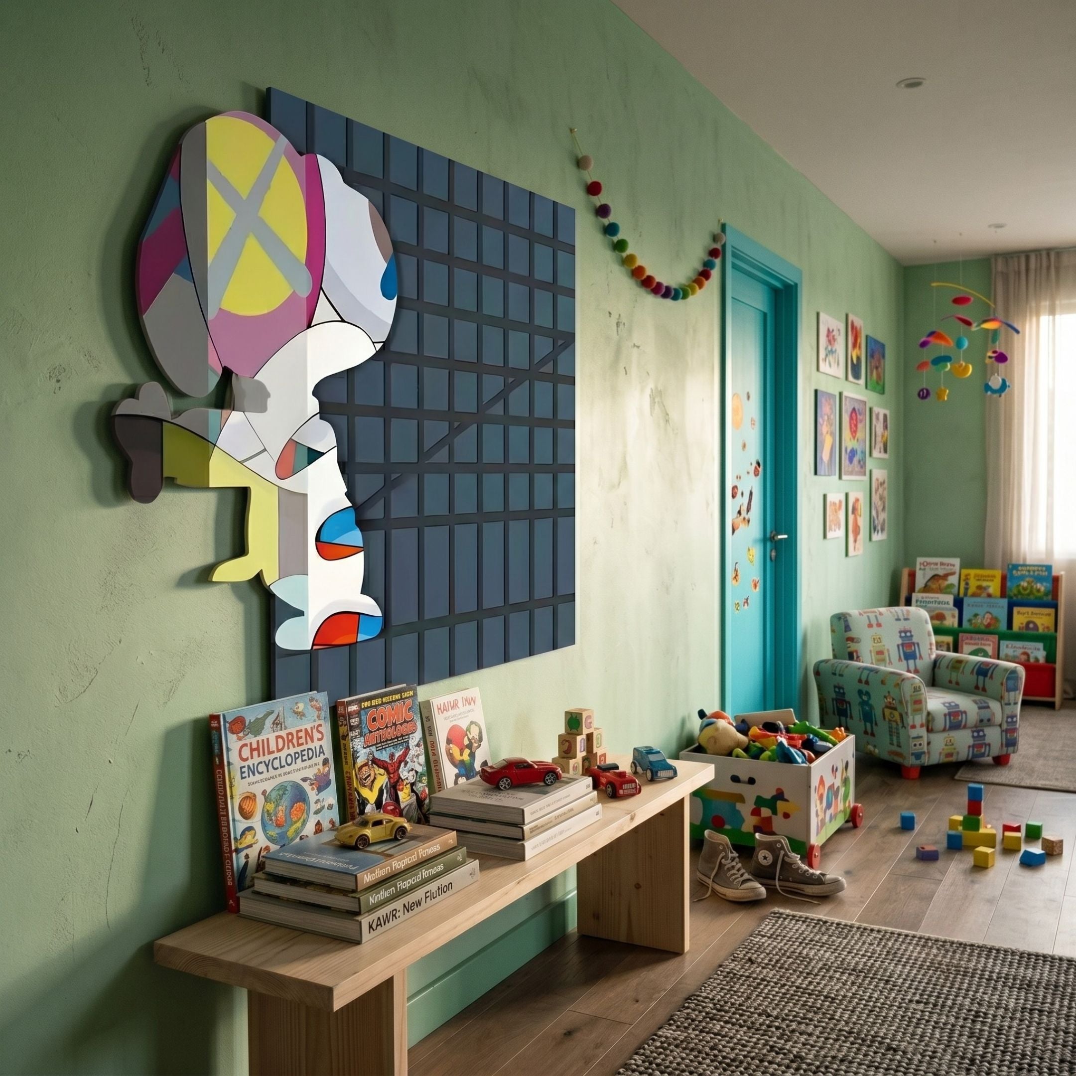 Snoopy Gridz Pop Prism Stride Night 3D Wall Art by Giant Sculptures, mounted on a green wall in a kids' room above a wooden bench with books and toys.