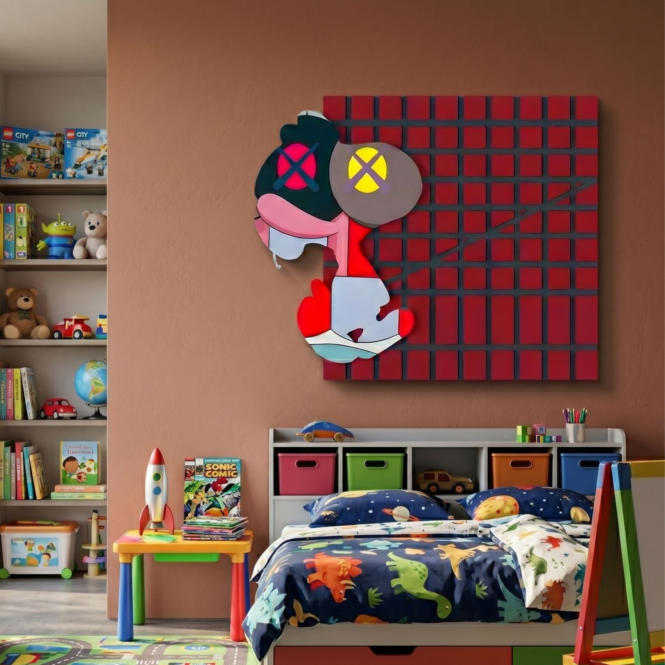 Snoopy Gridz Neon Stroll 3D Wall Art by Giant Sculptures mounted on a terracotta wall in a kids' room above a bed with dinosaur bedding and toy shelves.