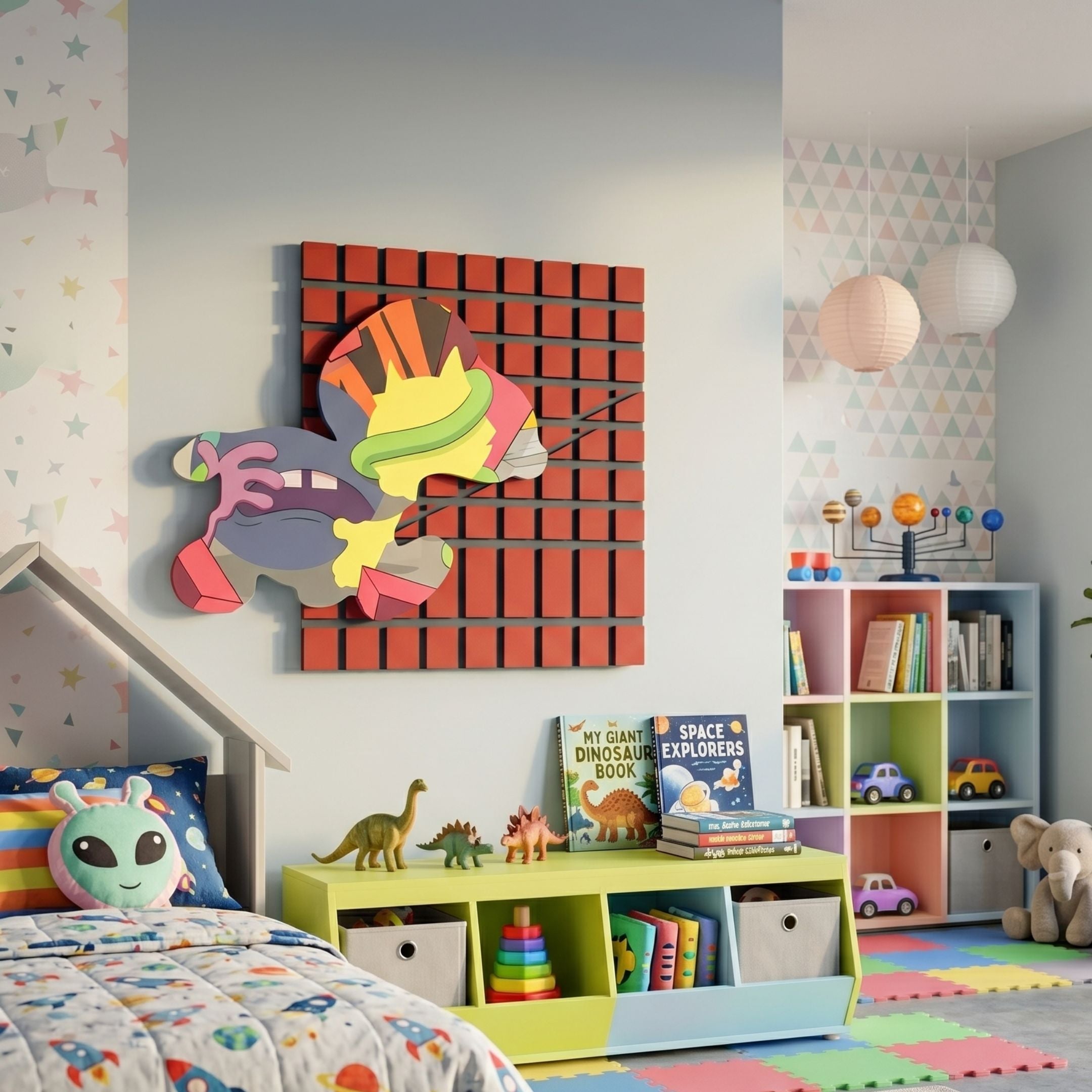 Snoopy Gridz Pulse Runner 3D Wall Art by Giant Sculptures, layered figure in yellow, blue and red over a checkered grid, mounted in a child's bedroom.