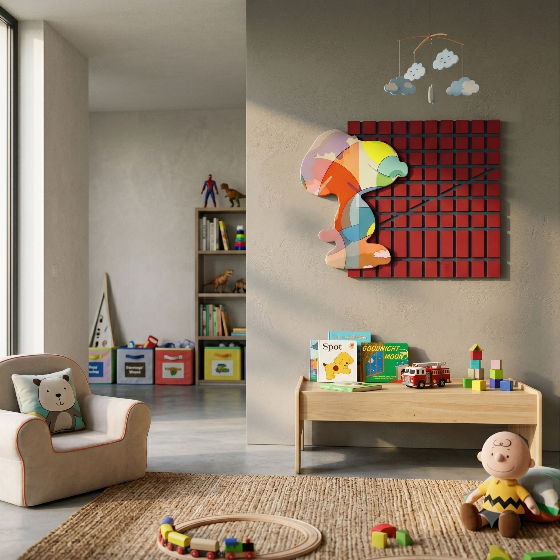 Snoopy Gridz Aurora March 3D Wall Art by Giant Sculptures displayed in a children's playroom above a wooden table with books, toys, and a Charlie Brown doll.