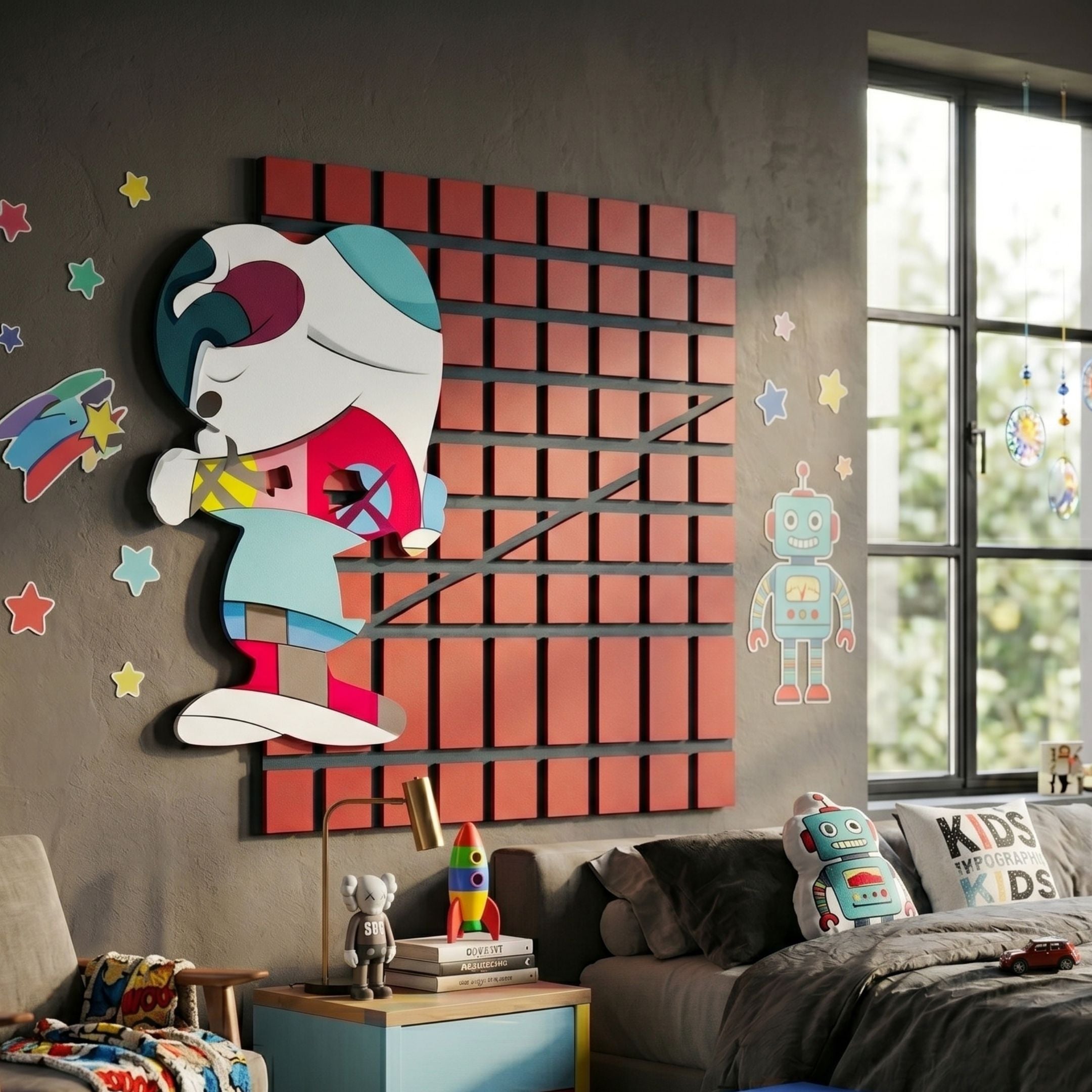 Snoopy Gridz Cyan Walker 3D Wall Art by Giant Sculptures, mounted in a kids' living room above a grey sofa with robot cushions and star decals.