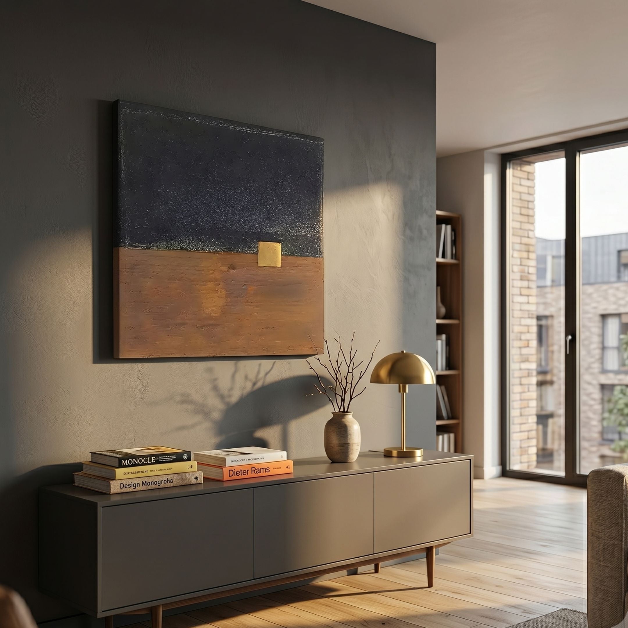 Kora Night Horizon 3D Wall Art by Giant Sculptures displayed above a grey sideboard with design books, a vase, and a brass lamp in a modern living room.