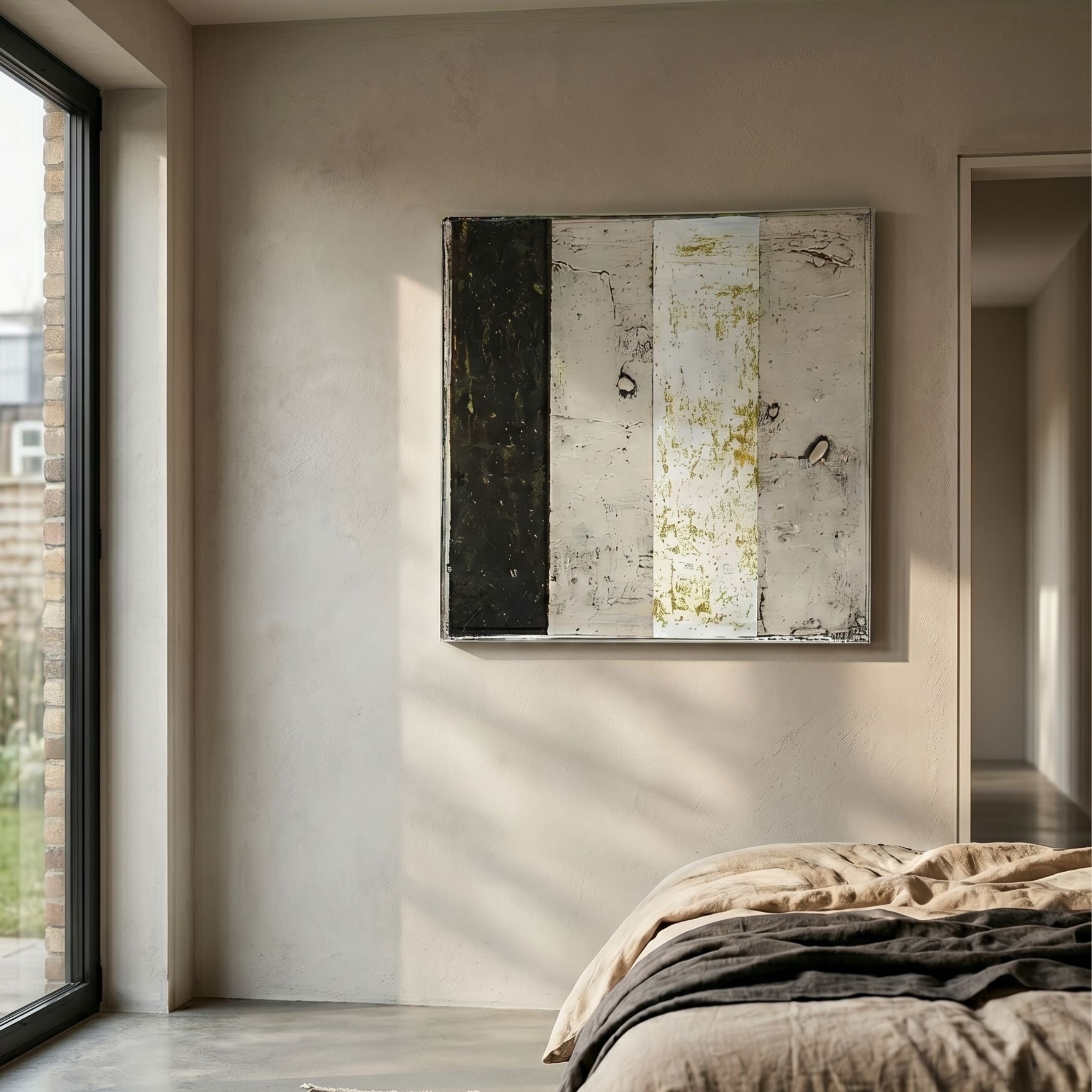 Kora Timber Fade Modular 3D Wall Art by Giant Sculptures displayed above a linen-dressed bed in a neutral bedroom with a brick-framed window nearby.