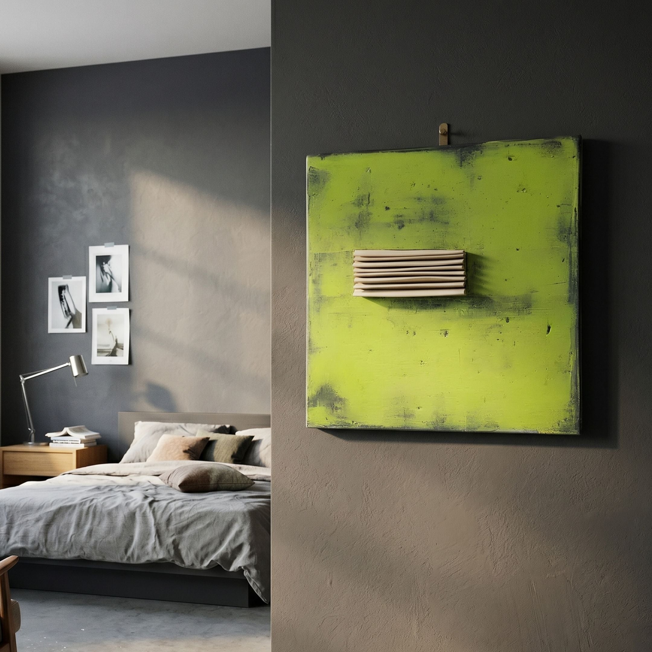 Kora Lime Ridge Folded 3D Wall Art by Giant Sculptures displayed on a dark grey bedroom wall beside a bed with grey linen and framed photos.