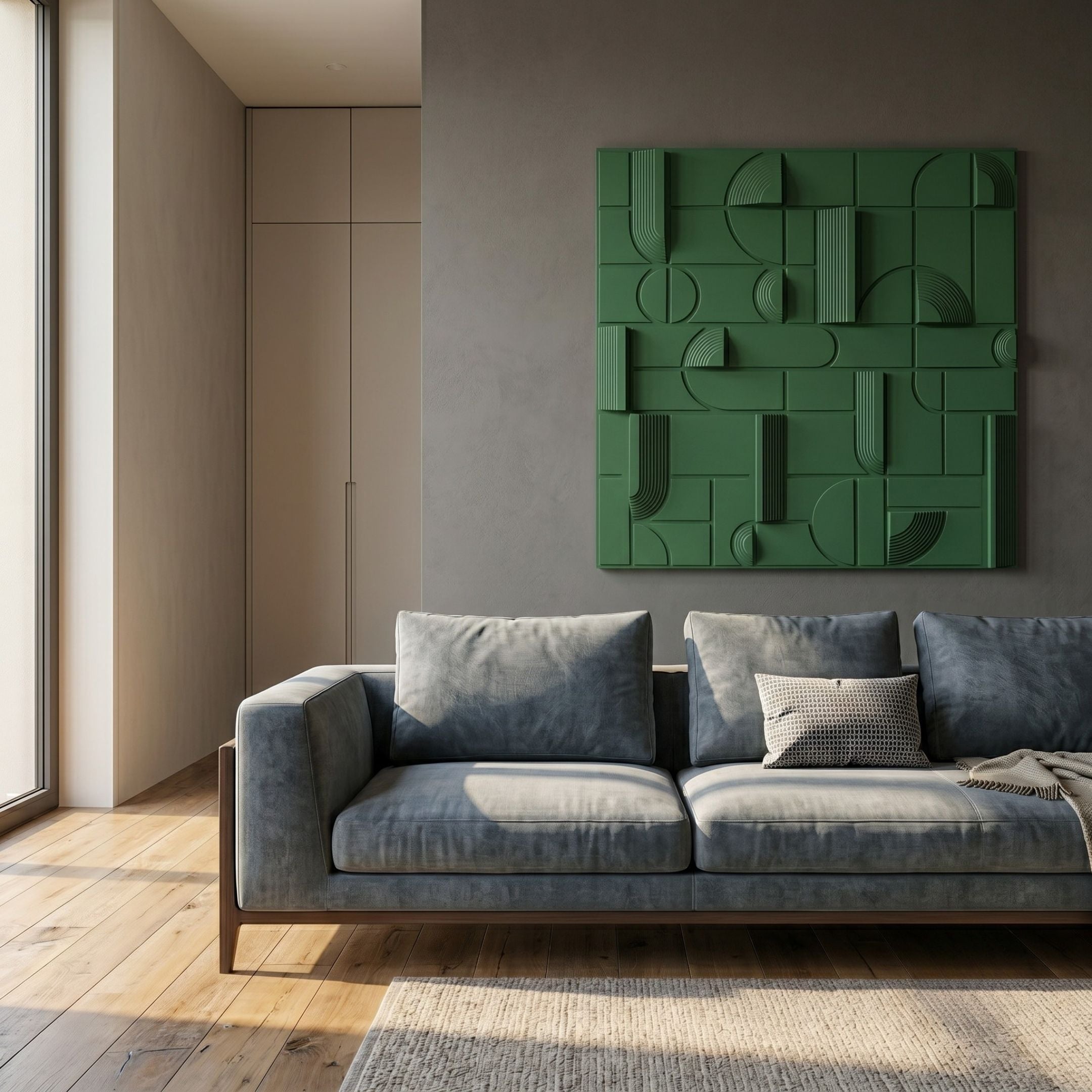 Grida Forest Green II Wood Carving 3D Wall Art by Giant Sculptures displayed on a grey wall above a blue-grey sofa in a modern sunlit living room.