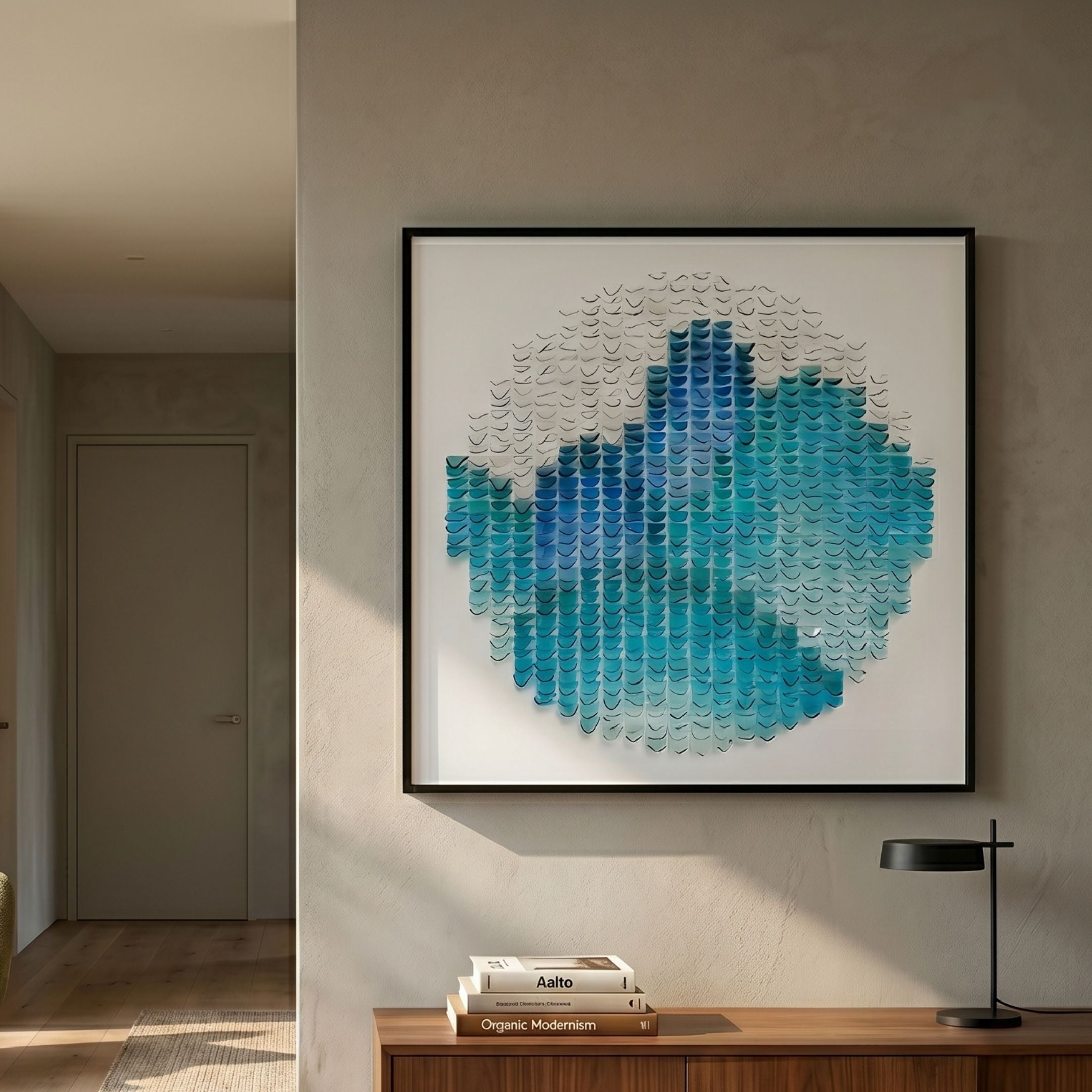 Montava Blue Mountain Round Acrylic 3D Wall Art by Giant Sculptures in a hallway, with curved blue and teal tiles forming a layered mountain relief.