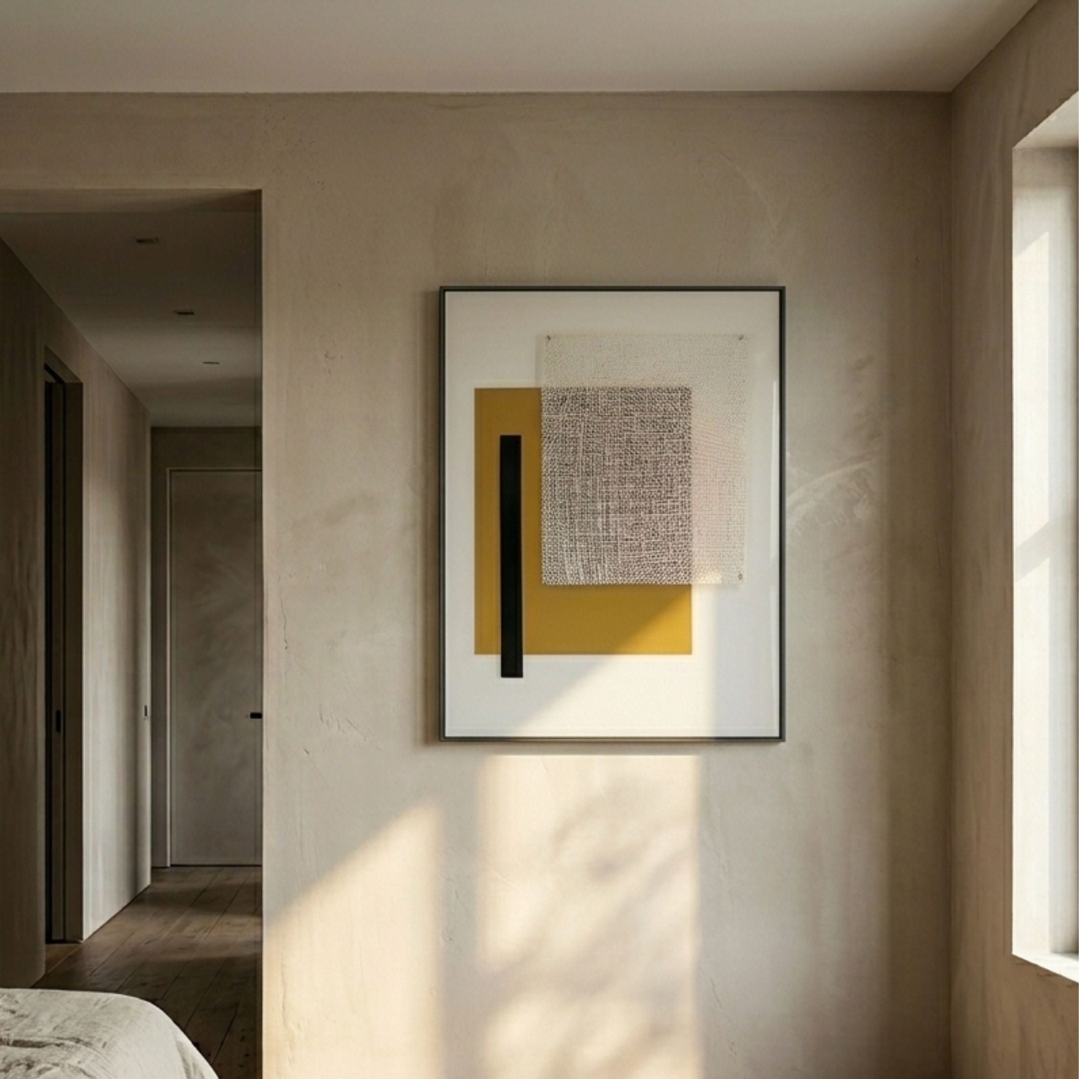 Linquetta Ochre Grid Acrylic & Leather 3D Wall Art by Giant Sculptures hung in a sunlit plaster hallway, with ochre, etched white grid and black bar layers.