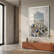 Pearlash Bloom Cascade Mixed Media 3D Wall Art by Giant Sculptures with vertical rods, woven rope, and blue and orange spheres above a terracotta console.