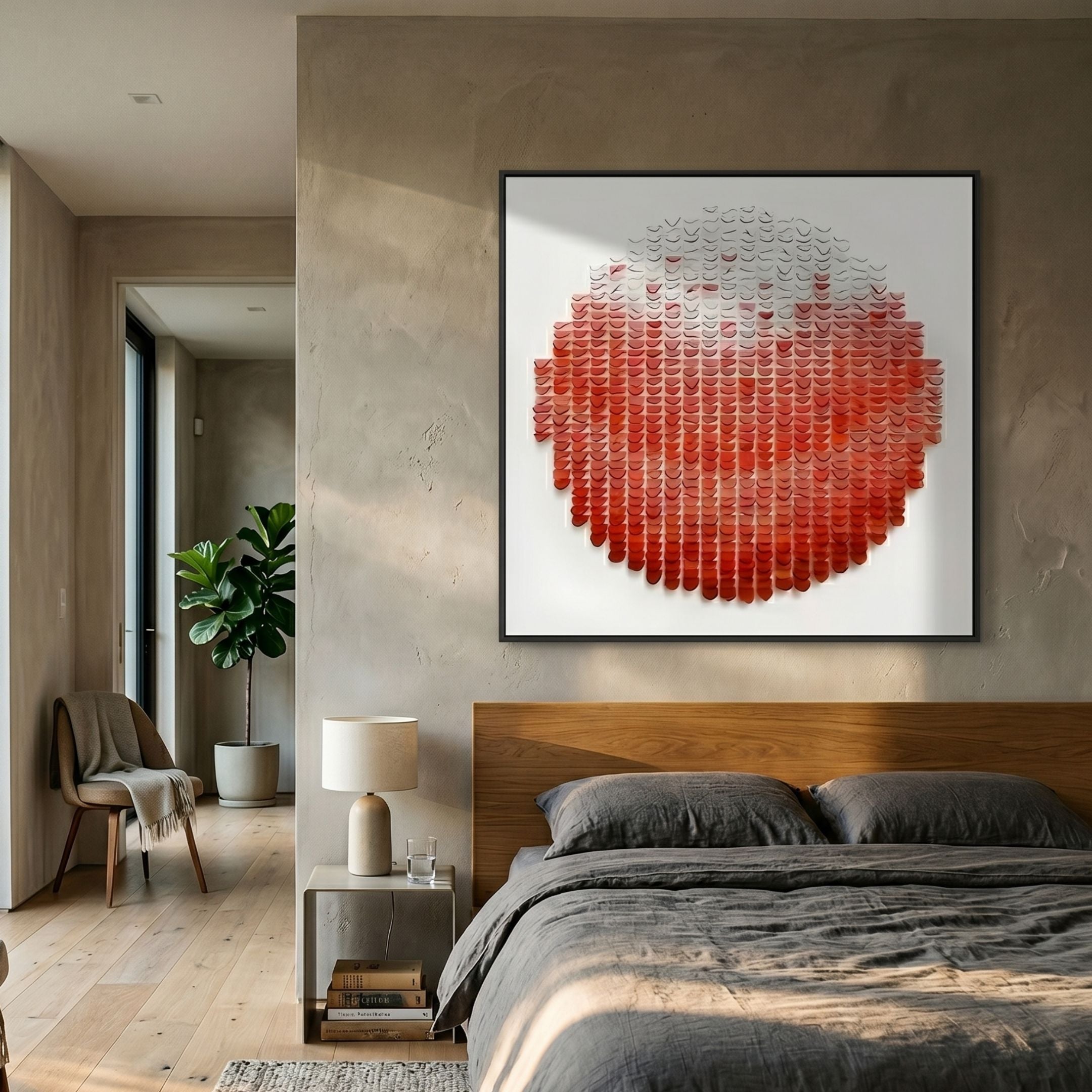 Montava Rose Red Gradient Round Acrylic 3D Wall Art by Giant Sculptures displayed above a wooden bed with grey linens in a modern bedroom.