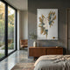 Lirien Pearl Fade Teal & Gold Sculptural 3D Wall Art by Giant Sculptures displayed above a walnut sideboard in a modern bedroom with garden views.