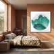 Montava Green & White Landscape Round Acrylic 3D Wall Art by Giant Sculptures displayed above a bed in a terracotta-walled bedroom with linen bedding and desk.