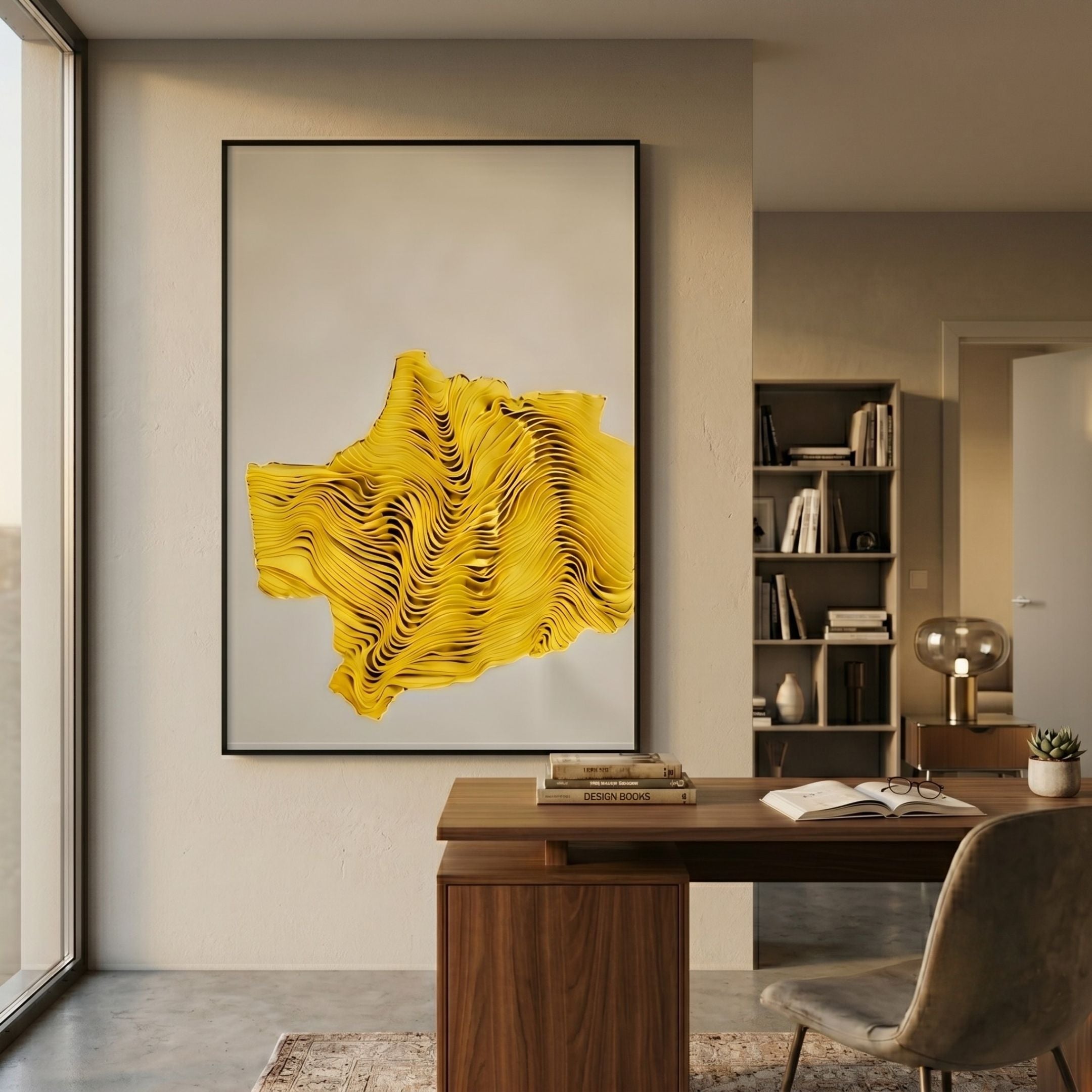 Ravelle Yellow Crest Felt 3D Relief Wall Art in a black frame displayed in a modern home office above a walnut desk, beside a bookshelf and window.