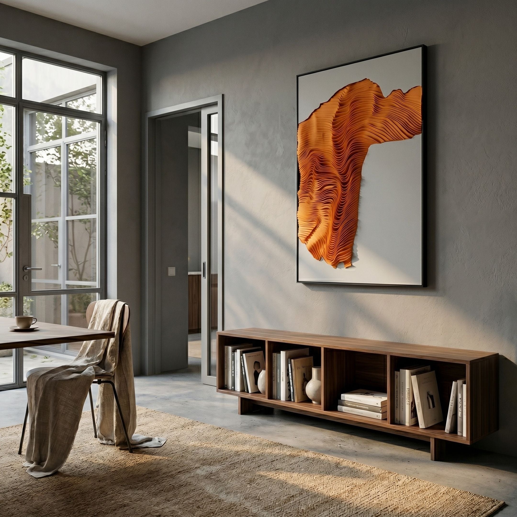 Ravelle Orange Contour Felt 3D Relief Wall Art in a black frame displayed on a grey wall above a walnut bookshelf in a sunlit modern dining room.