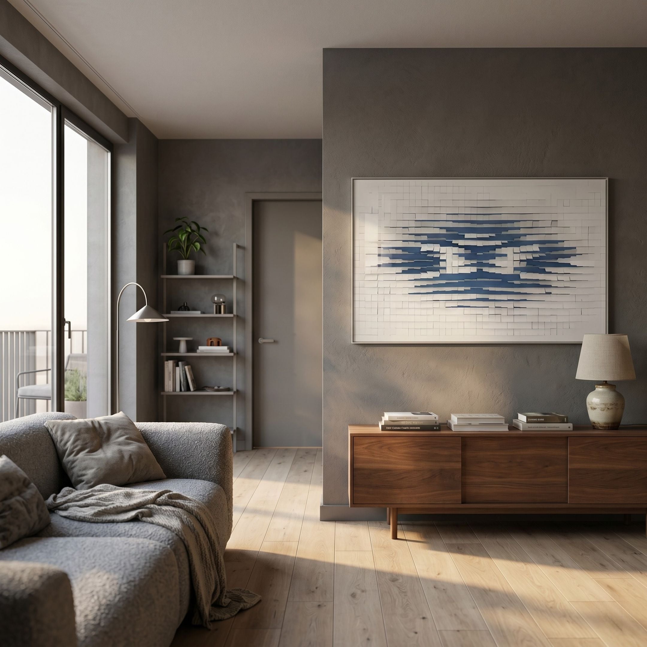 Echovia Blue Linear Wide Acrylic 3D Wall Art by Giant Sculptures displayed above a walnut sideboard in a modern living room with grey sofa and floor lamp.