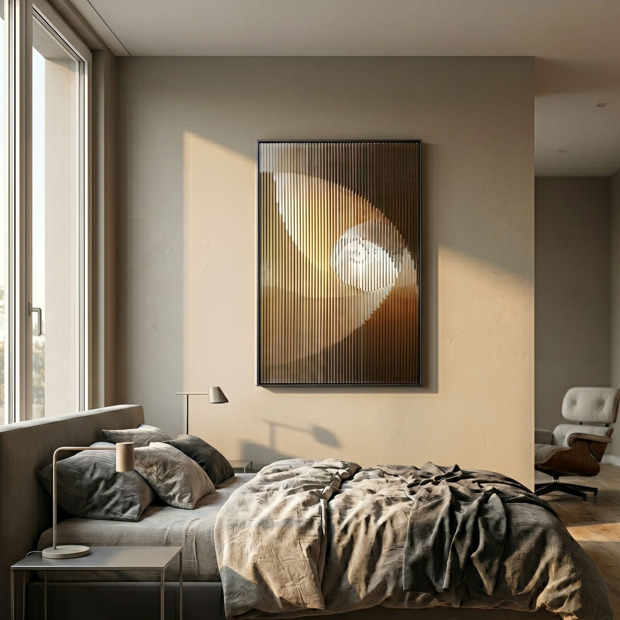 Cyclastra Amber II Optical Spiral Acrylic 3D Wall Art by Giant Sculptures, mounted above a linen-dressed bed in a sunlit modern bedroom with a leather lounge chair.
