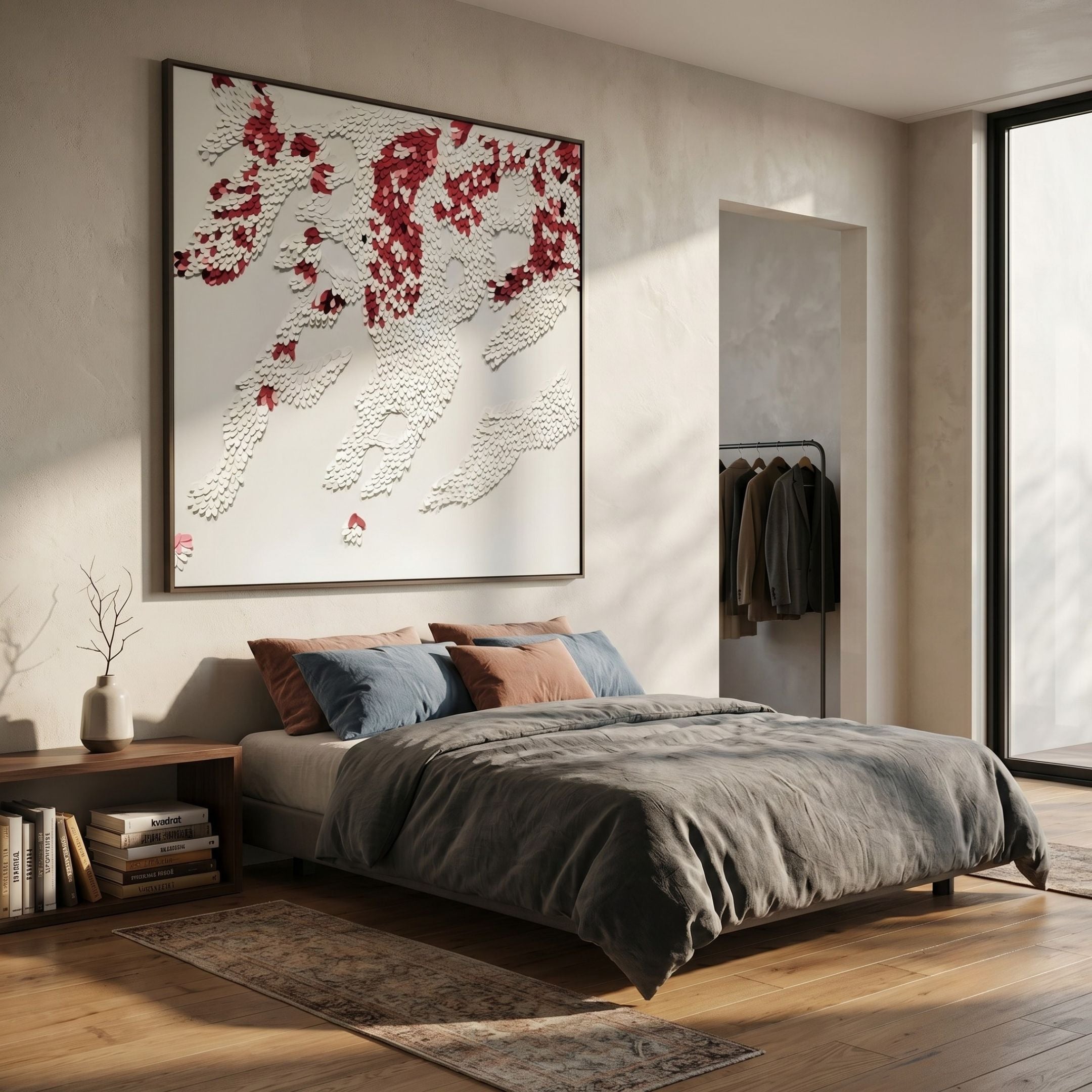 Pellora White & Crimson Leather Scale 3D Wall Art by Giant Sculptures displayed above a grey bed with blue and terracotta cushions in a modern bedroom.