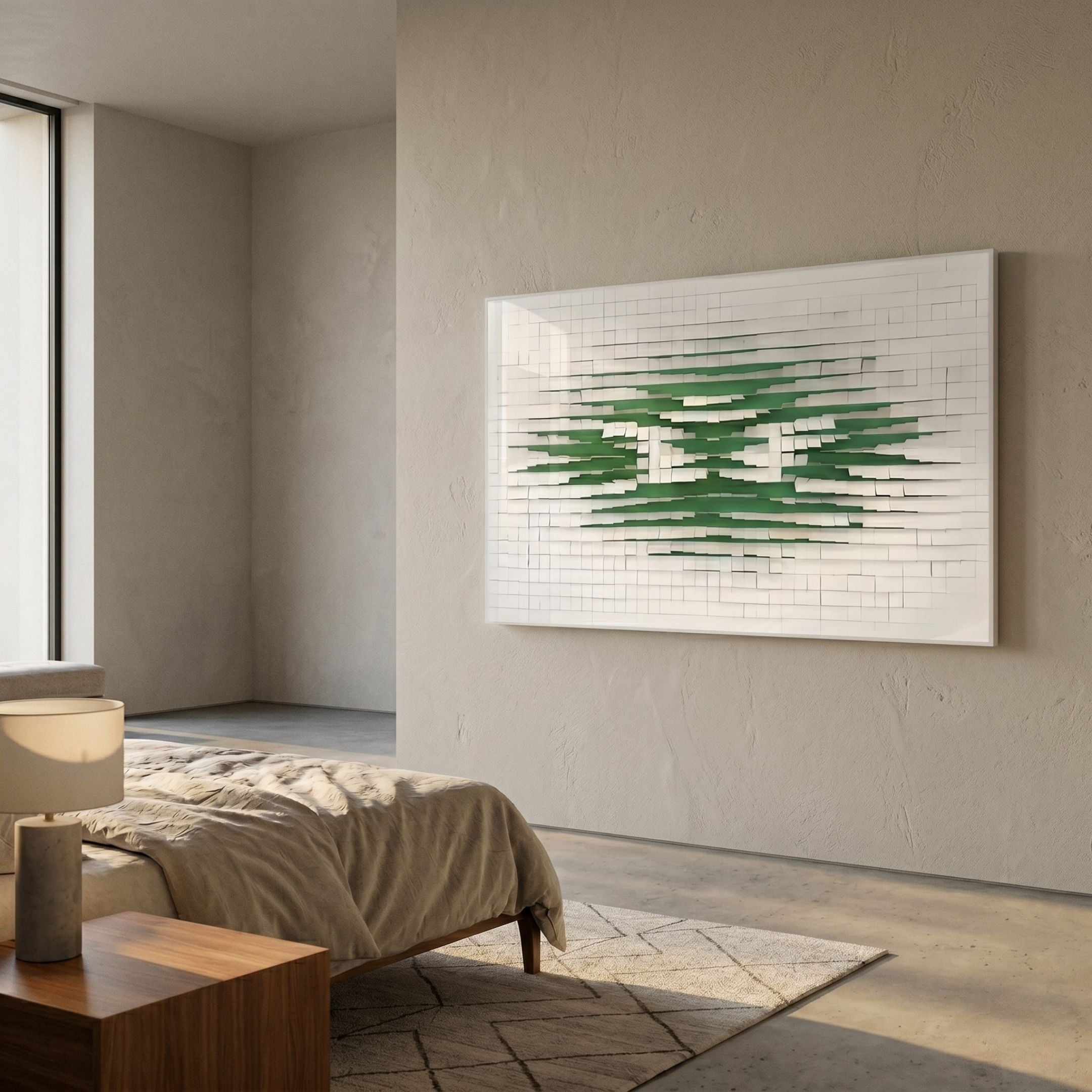 Echovia Green Linear Wide Acrylic 3D Wall Art by Giant Sculptures displayed above a bed in a minimalist bedroom with beige walls and linen bedding.