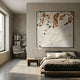 Pellora White & Ochre Leather Scale 3D Wall Art mounted above a low platform bed in a minimalist bedroom with concrete floors and a reading nook.