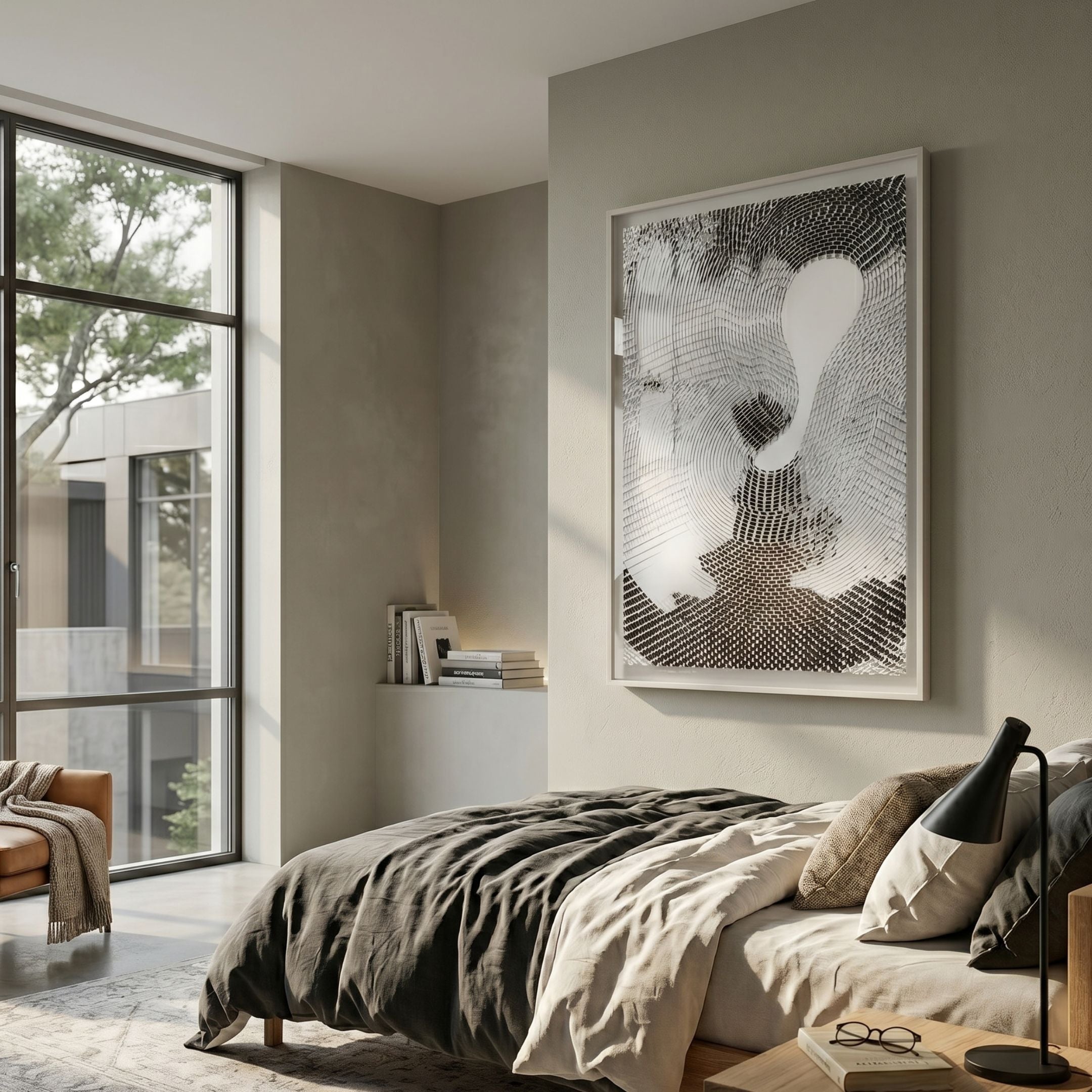 Fluxaris White Drift Grid Acrylic 3D Wall Art by Giant Sculptures displayed above a linen-dressed bed in a neutral modern bedroom beside a tall window.