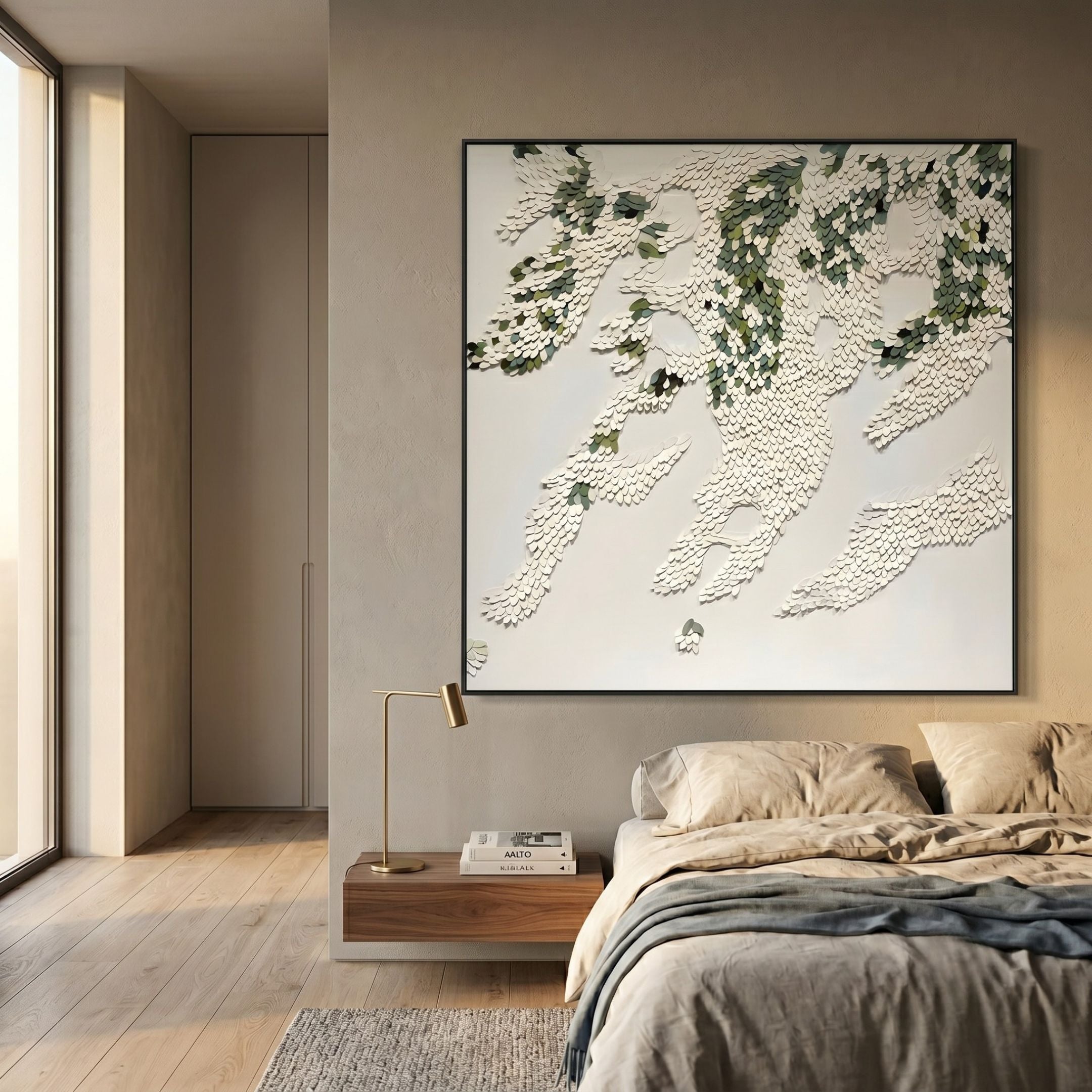 Pellora White & Green Leather Scale 3D Wall Art mounted above a walnut nightstand in a modern bedroom with linen bedding and cream walls.