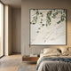 Pellora White & Green Leather Scale 3D Wall Art mounted above a walnut nightstand in a modern bedroom with linen bedding and cream walls.