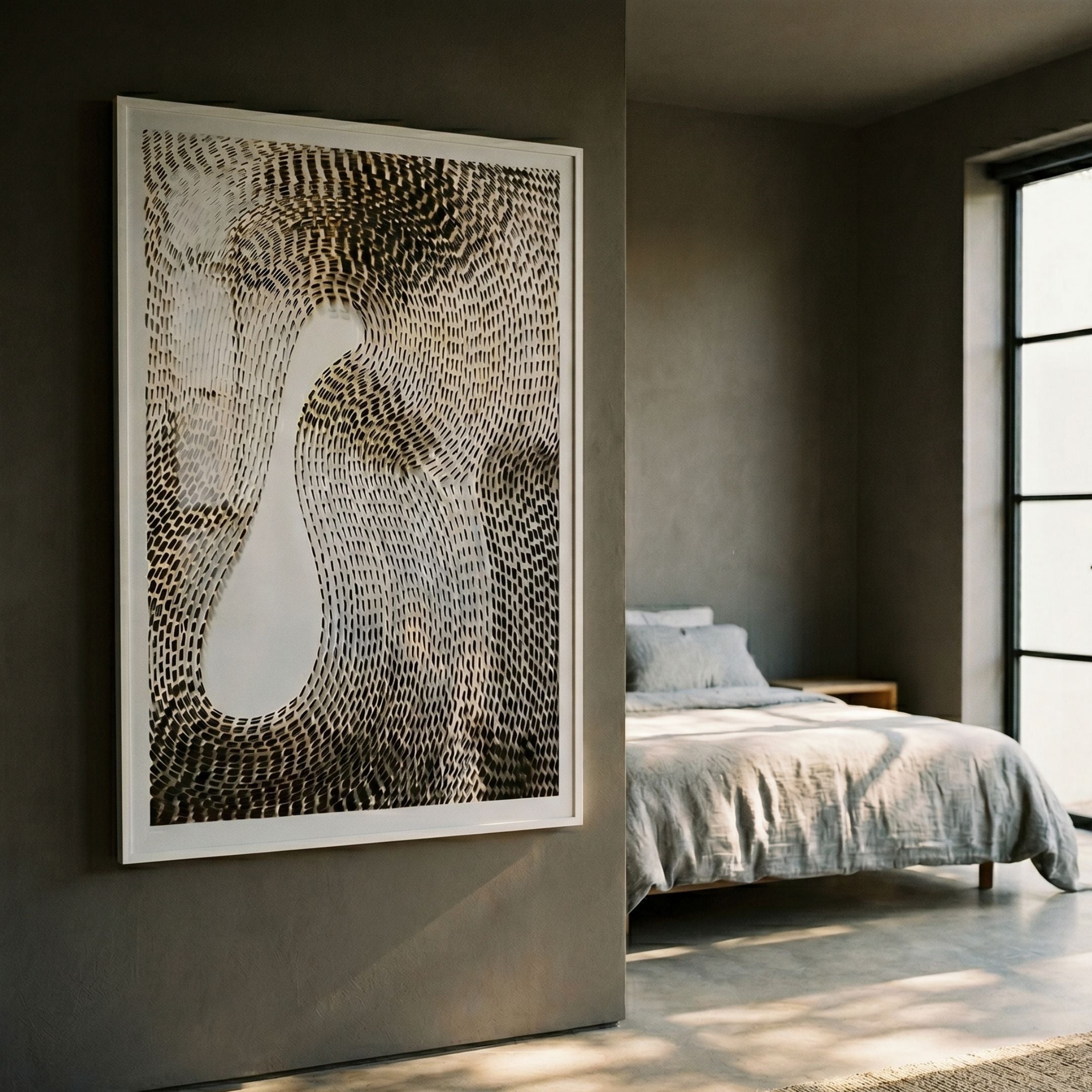 Fluxaris Bronze Curve Grid Acrylic 3D Wall Art by Giant Sculptures displayed on a grey bedroom wall beside a linen-dressed bed and tall window.