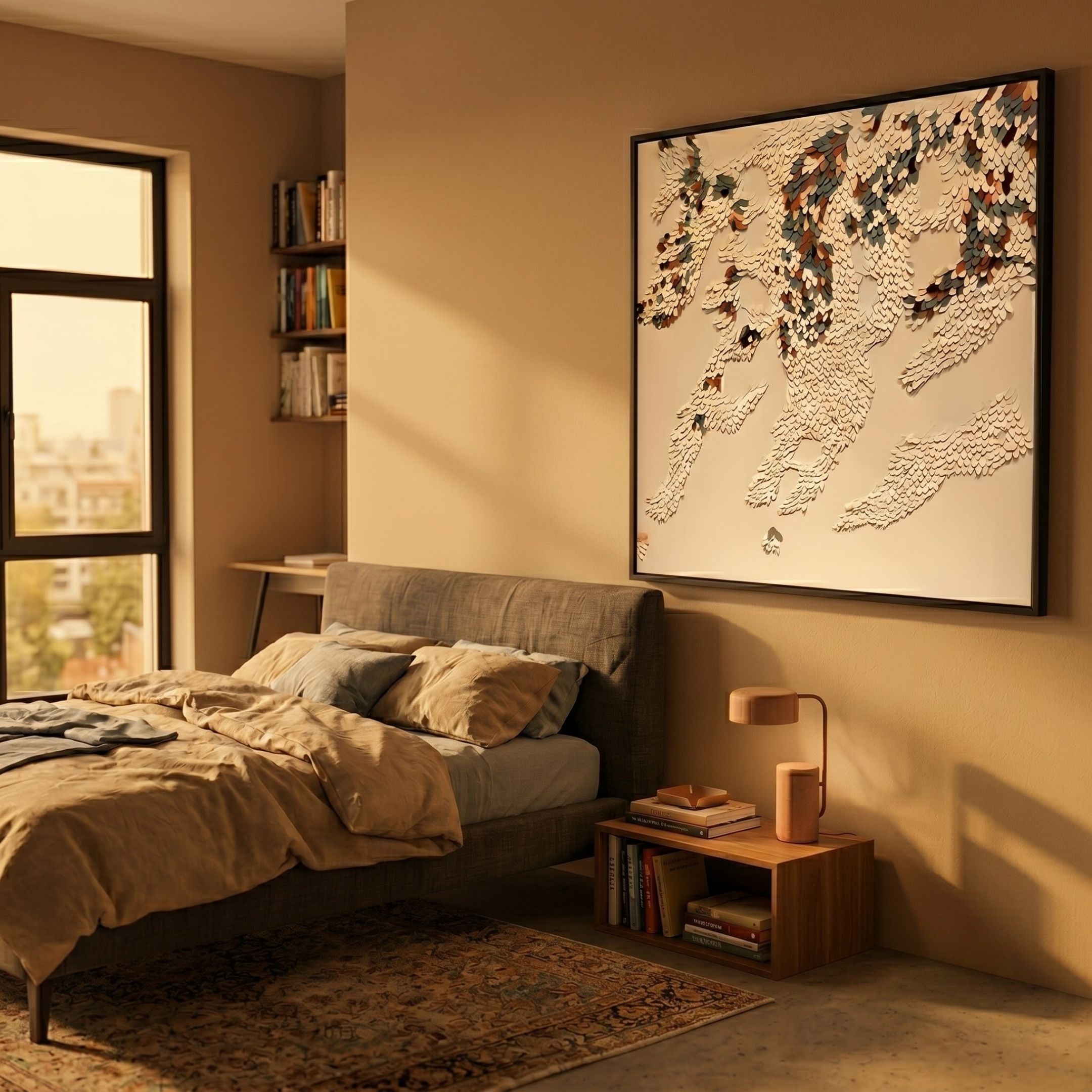 Pellora Multi-Colour Leather Scale 3D Wall Art by Giant Sculptures, framed in black and mounted above a linen bed with bookshelves and a warm-lit bedroom setting.