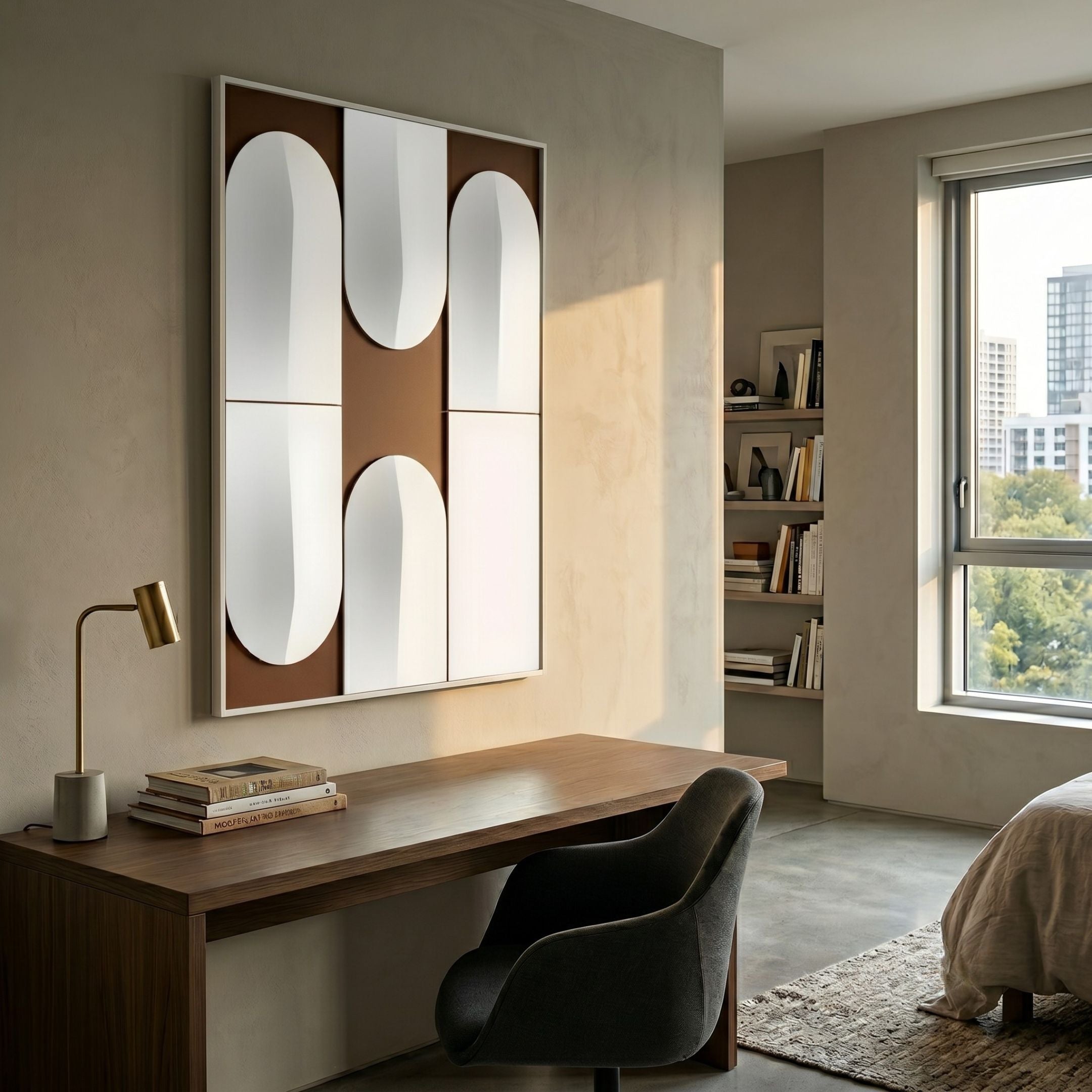 Formaire Brown & White Archway Leather 3D Wall Art by Giant Sculptures mounted above a walnut desk with brass lamp in a sunlit modern bedroom office.