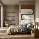 Formaire Brown & White Staggered Leather 3D Wall Art by Giant Sculptures mounted above a linen-dressed bed in a modern bedroom with oak floors and a reading chair.