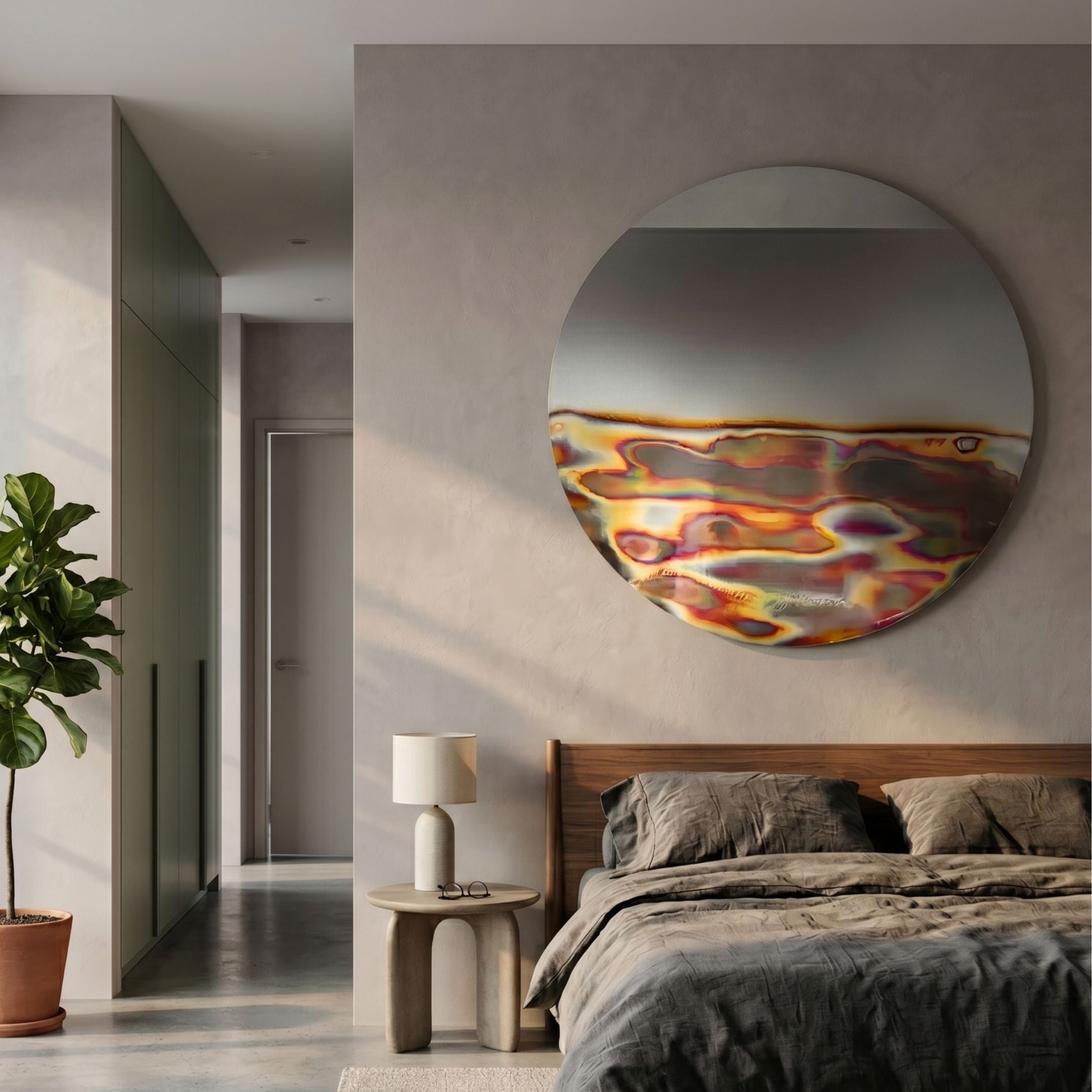 Iridia Halo III Abstract Acrylic UV Wall Art by Giant Sculptures, a circular disc with mirrored upper half and multicoloured UV wave band, above a bed.