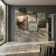 Terrisma 6-Set Dark & Sculpted Textured 3D Wall Art arranged as a gallery display in black, brown, and beige tones on a grey plaster wall in a sunlit modern room.