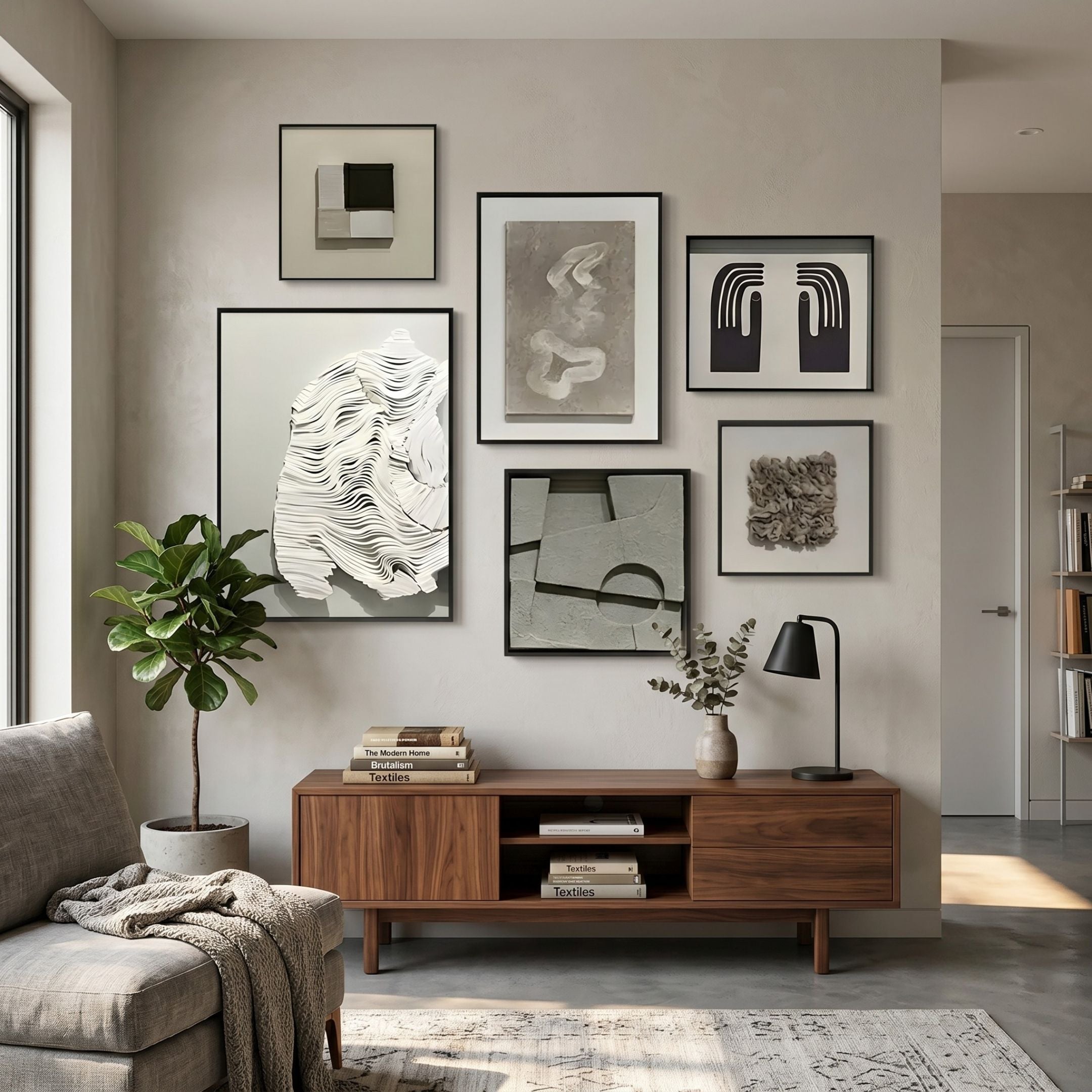 Terrisma 6-Set Neutral Textured Framed 3D Wall Art by Giant Sculptures arranged as an asymmetric gallery wall above a walnut sideboard in a modern living room.